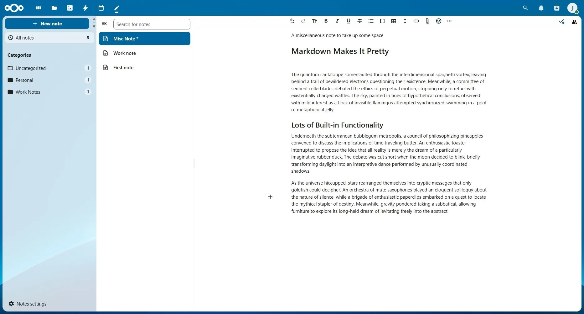 Màn hình chính ứng dụng Nextcloud Notes hiển thị danh sách ghi chú