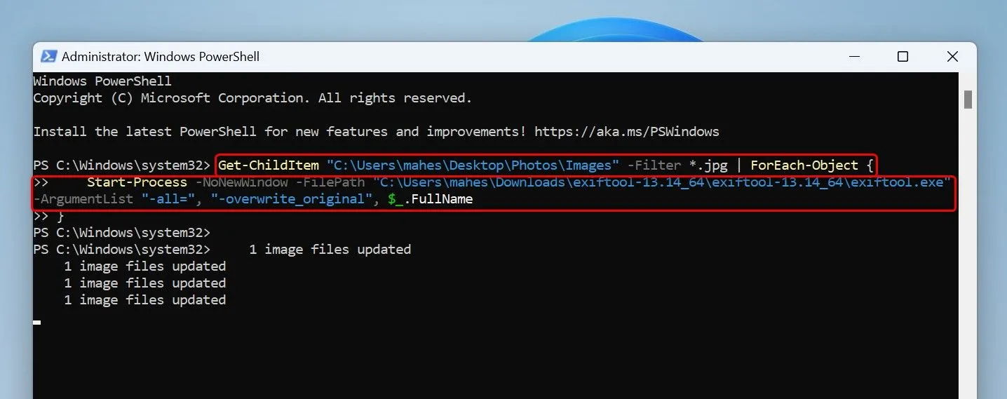 Màn hình giao diện PowerShell với dòng lệnh để xóa dữ liệu EXIF hàng loạt khỏi các tệp ảnh, hiển thị cú pháp và các tham số cần thay thế.