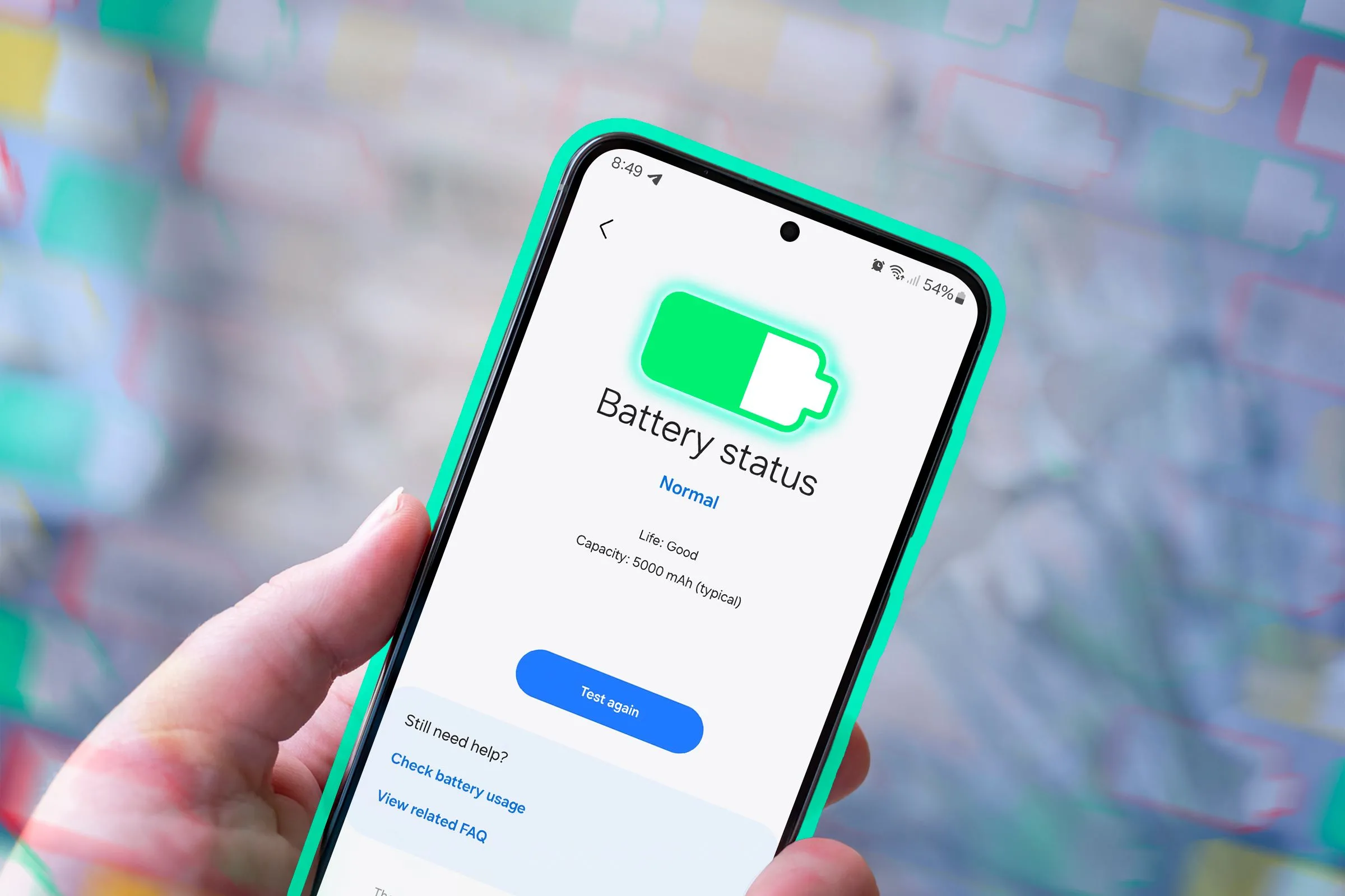 Màn hình hiển thị trạng thái pin trên điện thoại Samsung, cho thấy thông tin về dung lượng và thời lượng sử dụng còn lại.