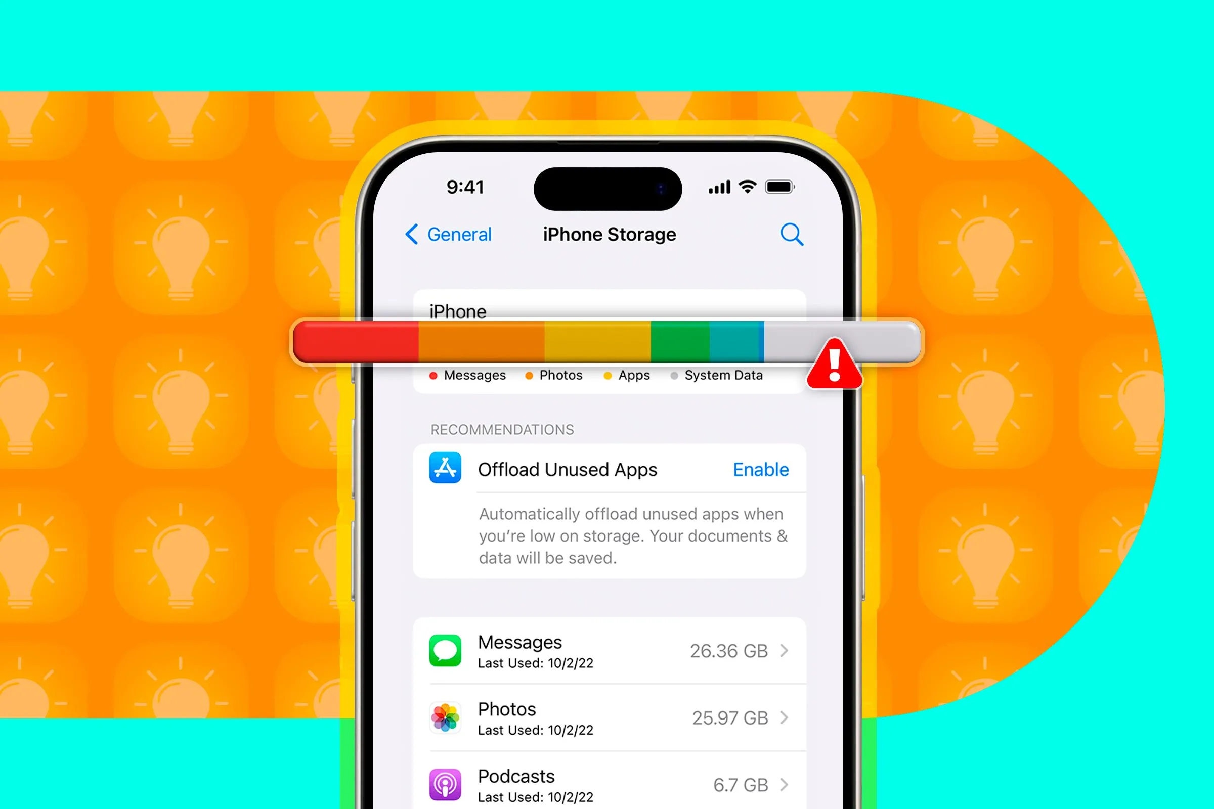 Màn hình quản lý dung lượng lưu trữ trên iPhone hiển thị cảnh báo đầy, tình trạng nhiều người dùng gặp phải.