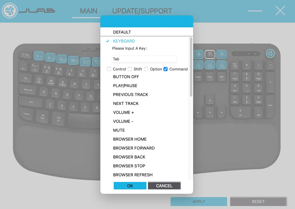 Màn hình tùy chỉnh nút trên chuột JLab Flow trong JLab Work App.
