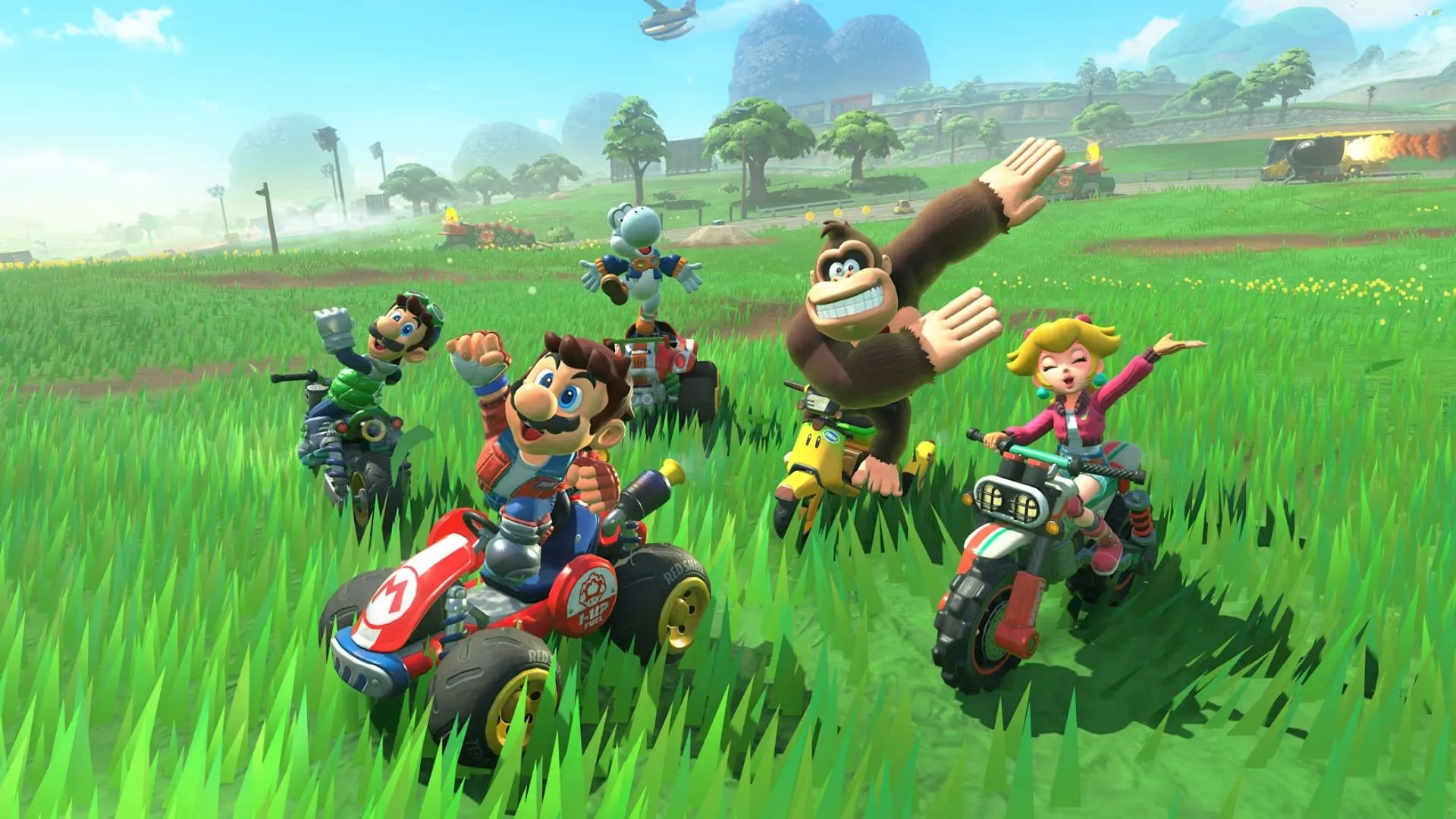 Mario và Luigi đua trên một con đường quanh co trong Mario Kart World.