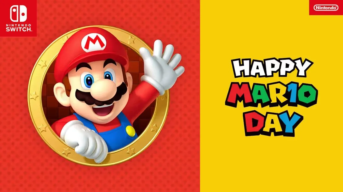 Mario xuất hiện từ một cửa sổ tròn với vẻ mặt hạnh phúc