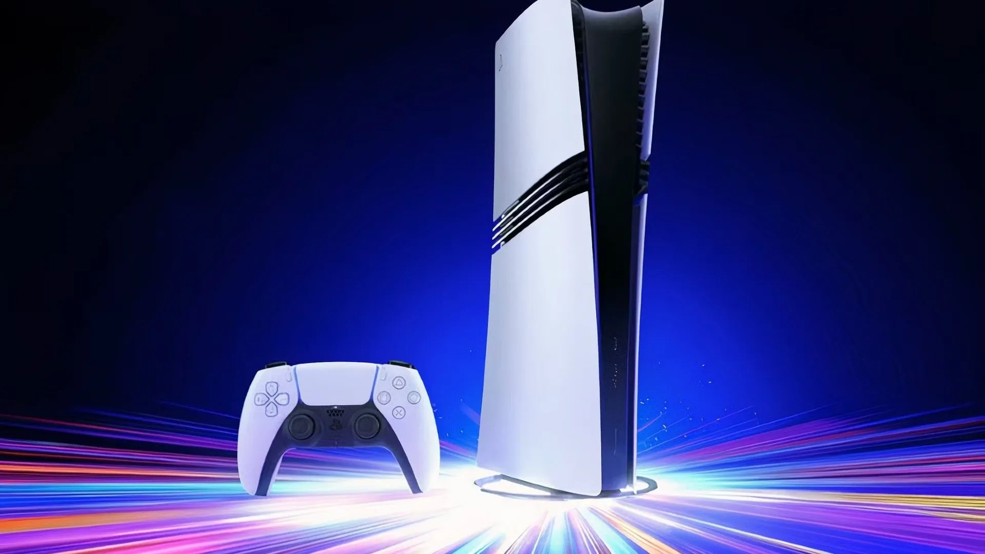 Máy chơi game PlayStation 5 Pro với ánh sáng xanh, liên quan đến cuộc thảo luận liệu PS6 có loại bỏ ổ đĩa quang.