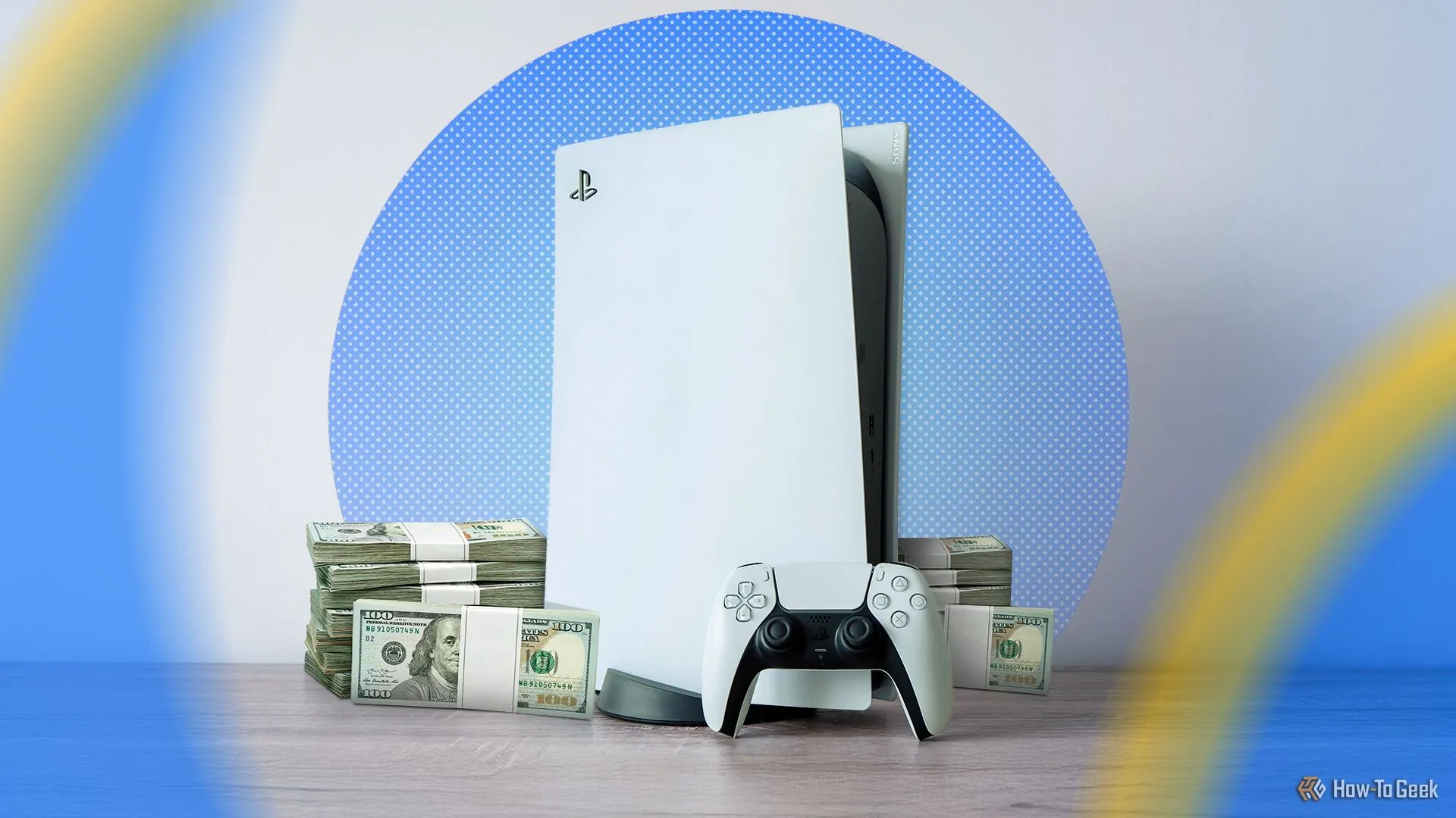 Máy chơi game PlayStation 5 và chồng tiền, tượng trưng cho chi phí cao của console