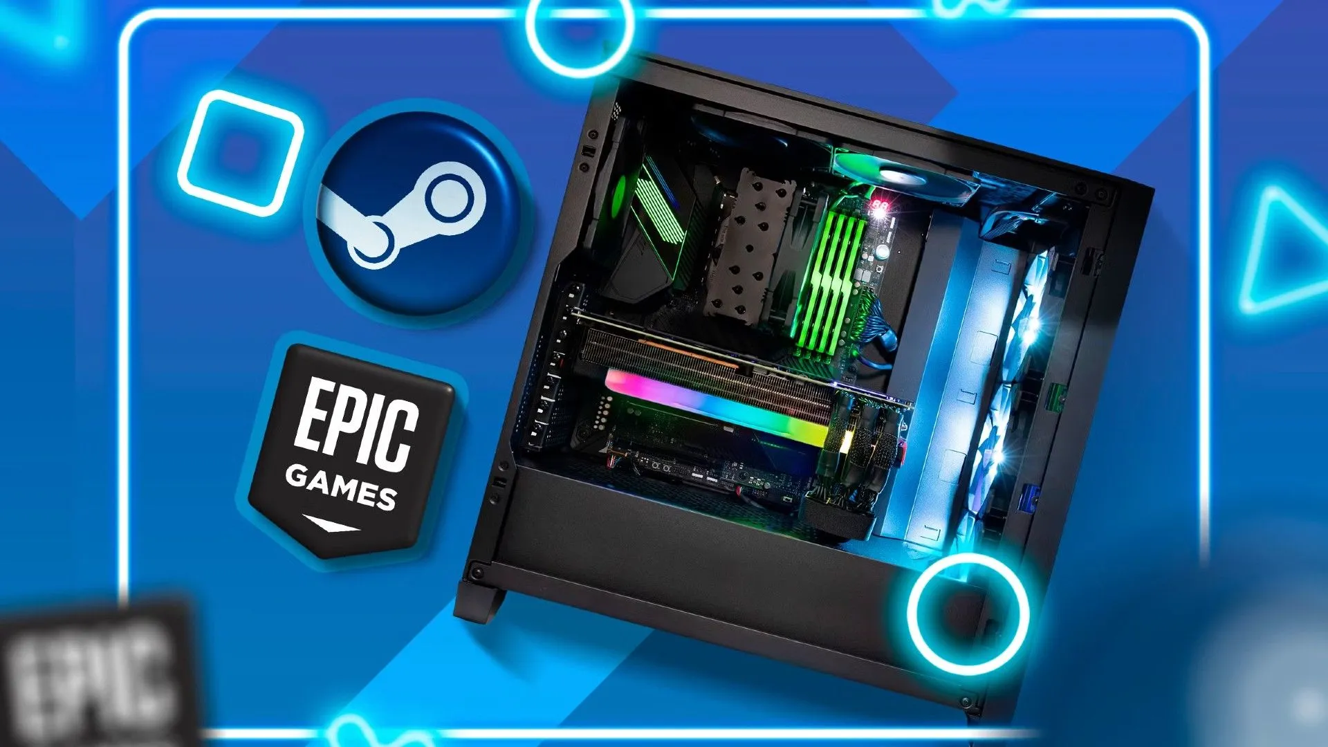 Máy tính chơi game hiển thị logo Epic Games và Steam, minh họa cuộc cạnh tranh giữa hai nền tảng phân phối game PC hàng đầu.