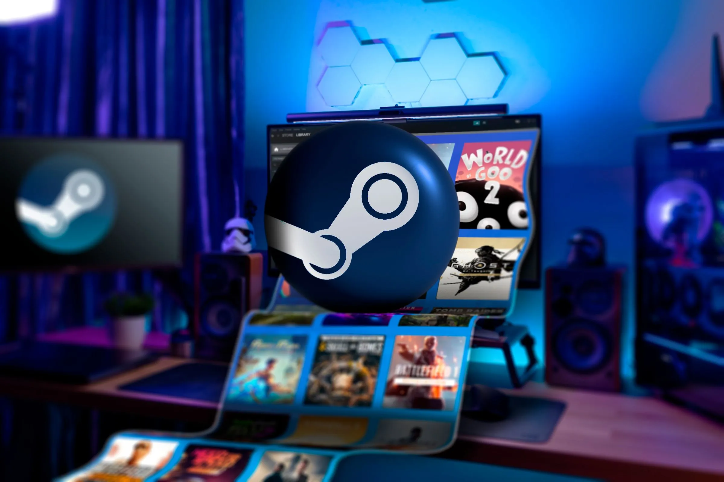 Máy tính chơi game với logo Steam và các tựa game nổi bật, biểu thị thư viện trò chơi phong phú và sức hút của nền tảng Steam.