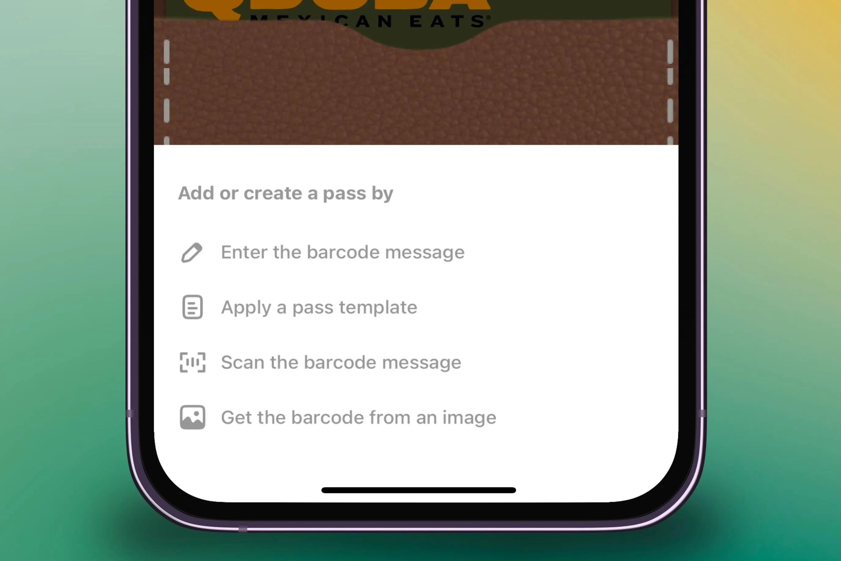 Menu hiển thị các tùy chọn nhập mã vạch vào ứng dụng Pass2U trên iPhone, cho phép người dùng thêm thẻ từ nhiều nguồn khác nhau.