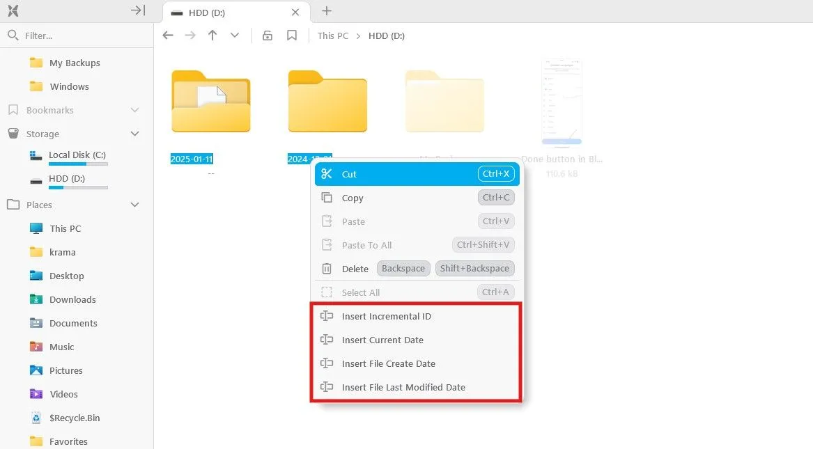 Menu ngữ cảnh của File Pilot hiển thị các tùy chọn đổi tên hàng loạt, bao gồm đổi tên theo số thứ tự, ngày tạo hoặc ngày chỉnh sửa.