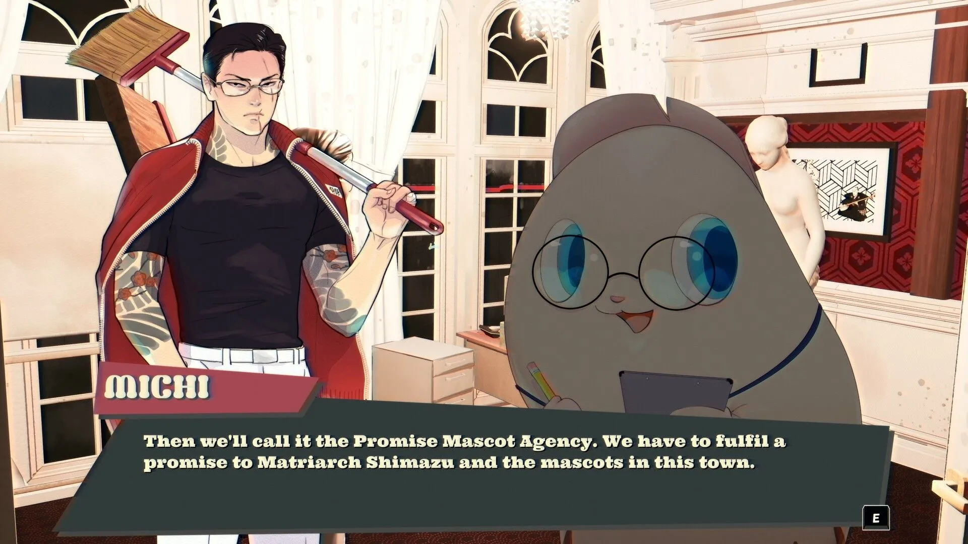 Michi và Pinky, hai nhân vật chính trong phân cảnh visual novel của Promise Mascot Agency, thể hiện cốt truyện sâu sắc