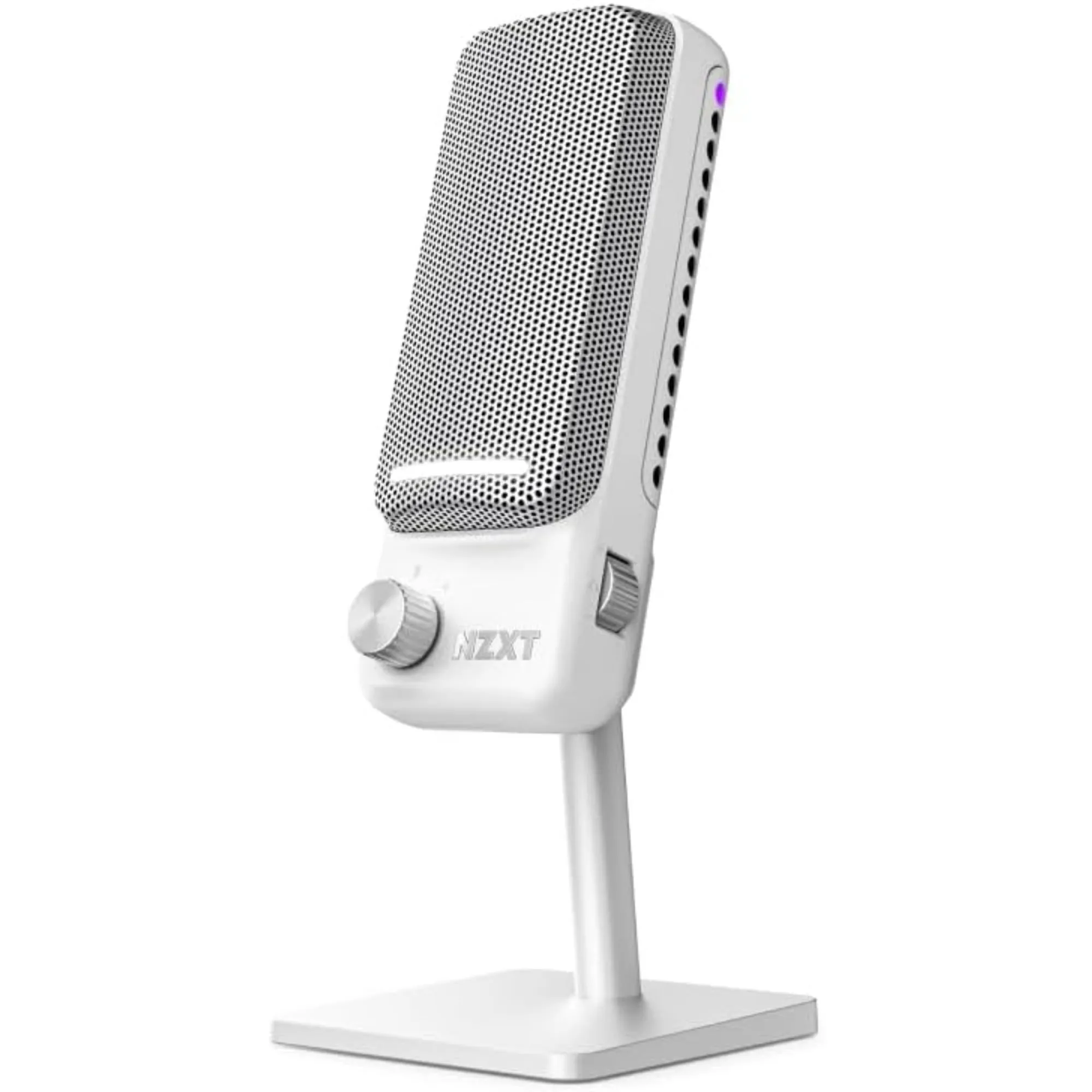 Microphone USB NZXT Capsule Elite màu đen đặt trên chân đế, một phụ kiện cần thiết cho việc giao tiếp rõ ràng và làm nội dung trực tuyến khi chơi game.