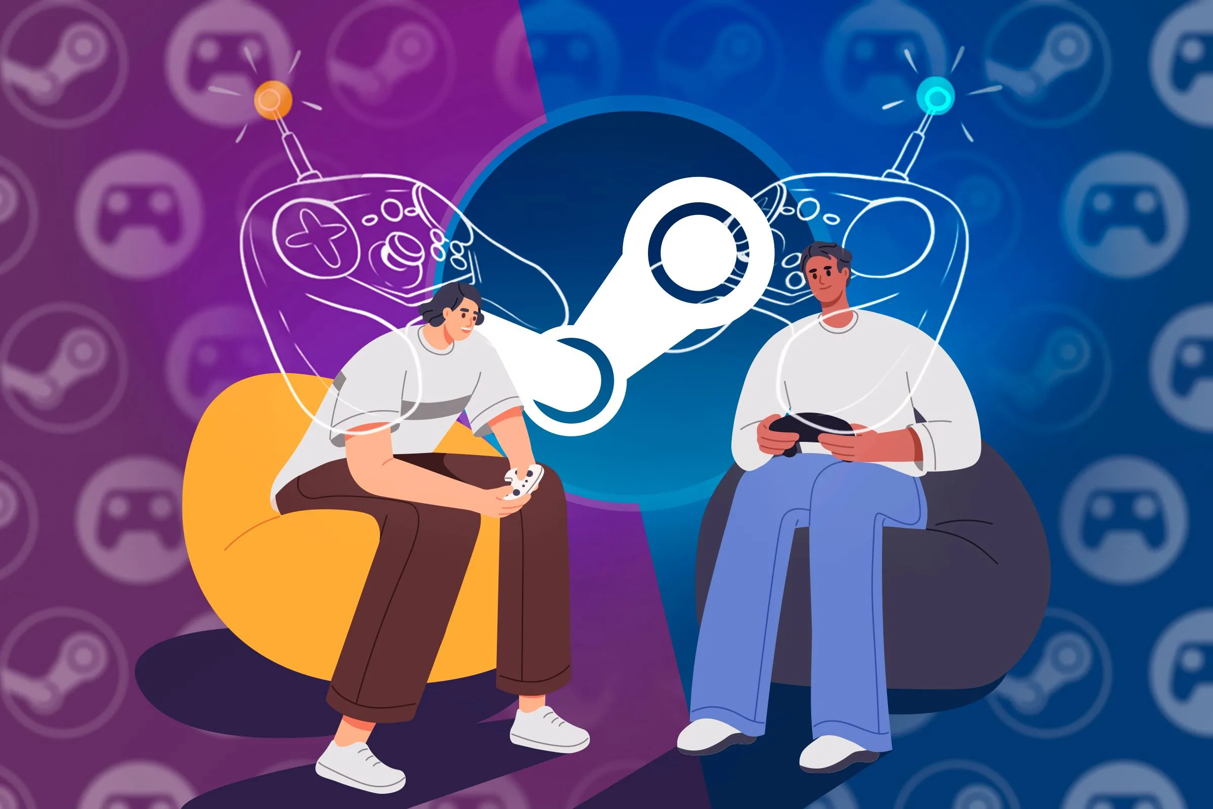Minh họa hai người chơi game ở các địa điểm khác nhau với logo Steam ở giữa, biểu tượng chia sẻ thư viện game