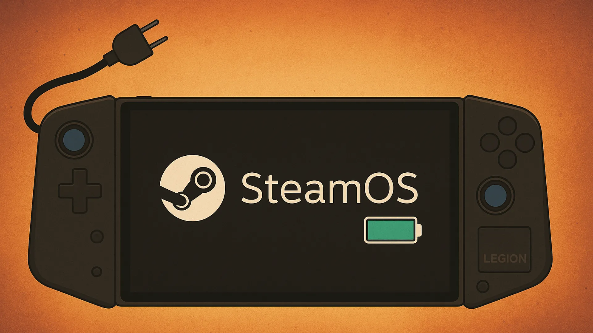 Minh họa Lenovo Legion Go với biểu tượng pin đầy, nhấn mạnh khả năng tối ưu pin khi chạy SteamOS.