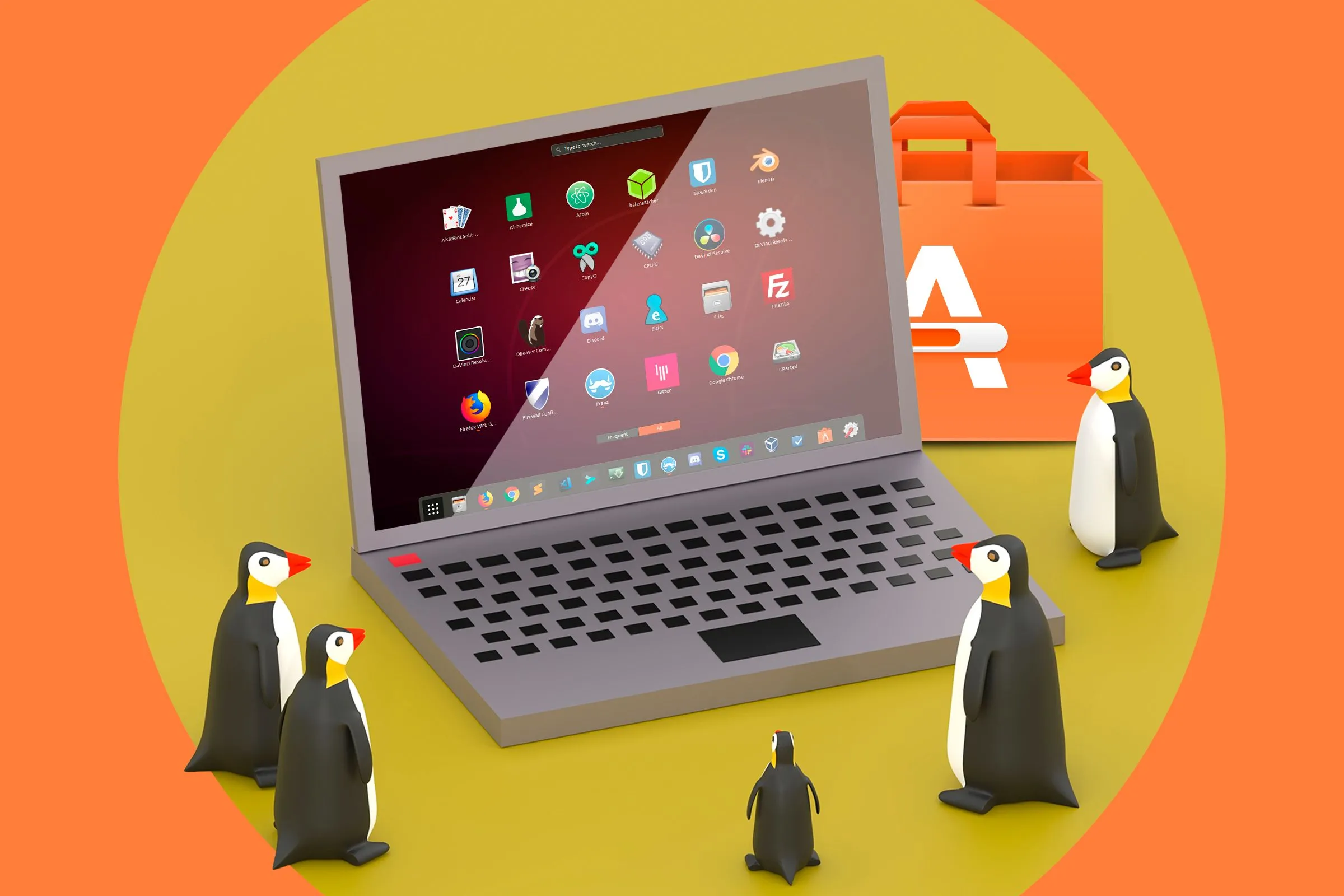 Minh họa một chiếc laptop hiển thị các biểu tượng ứng dụng Linux, với linh vật chim cánh cụt Linux đang nhìn vào màn hình.