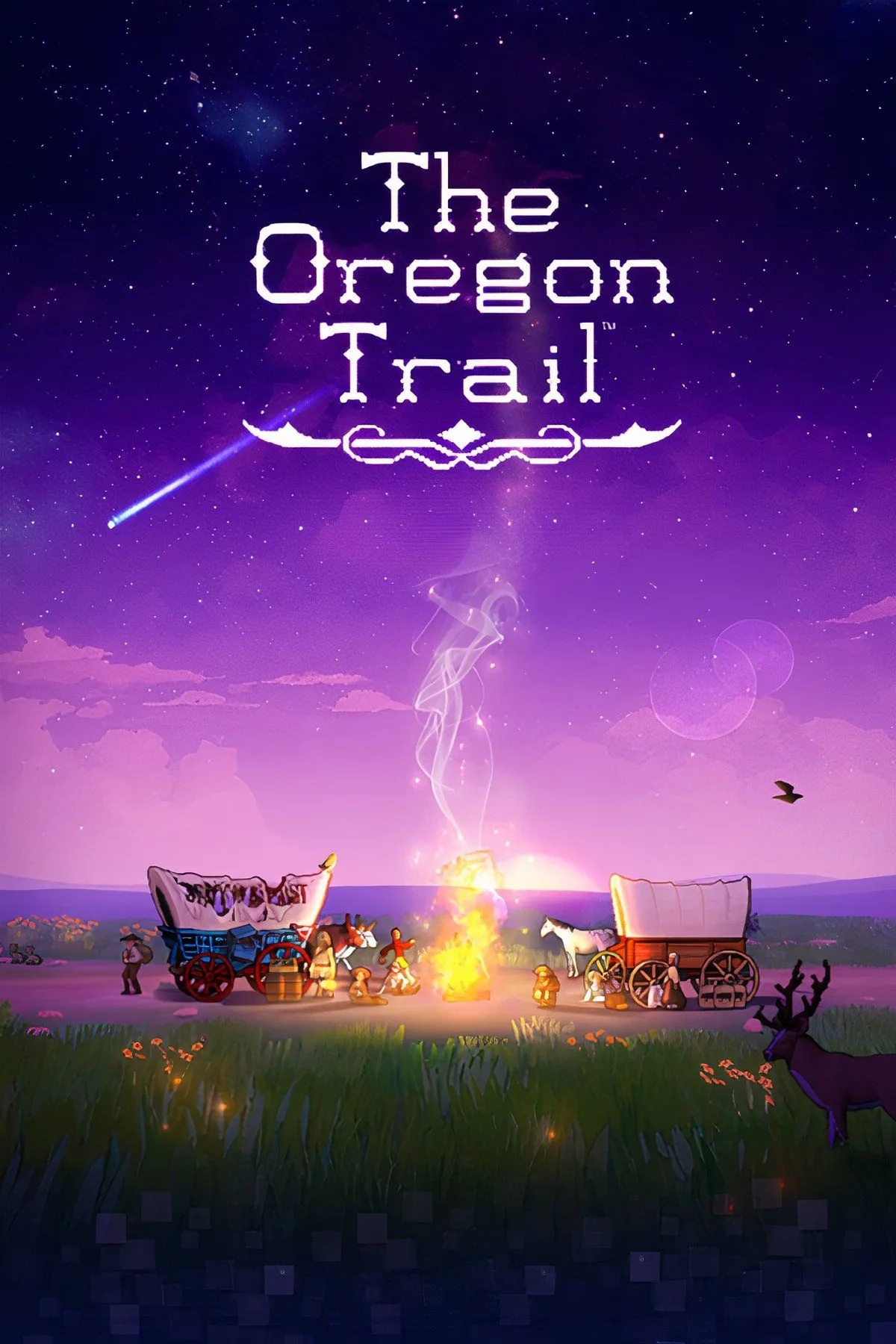 Mô tả cảnh đi dọc Đường mòn Oregon trong The Oregon Trail, thể hiện cuộc sống khắc nghiệt của người tiên phong
