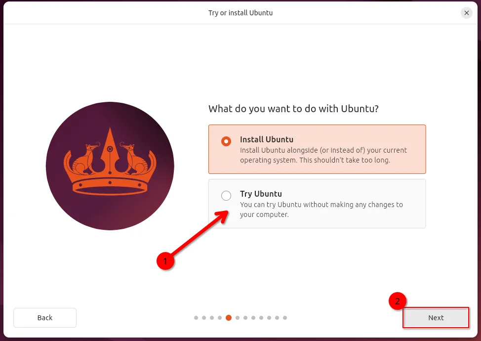 Môi trường thử nghiệm trực tiếp (Live Environment) của Ubuntu 24.04, với tùy chọn &quot;Thử Ubuntu&quot; được đánh dấu, cho phép người dùng trải nghiệm trước khi cài đặt.