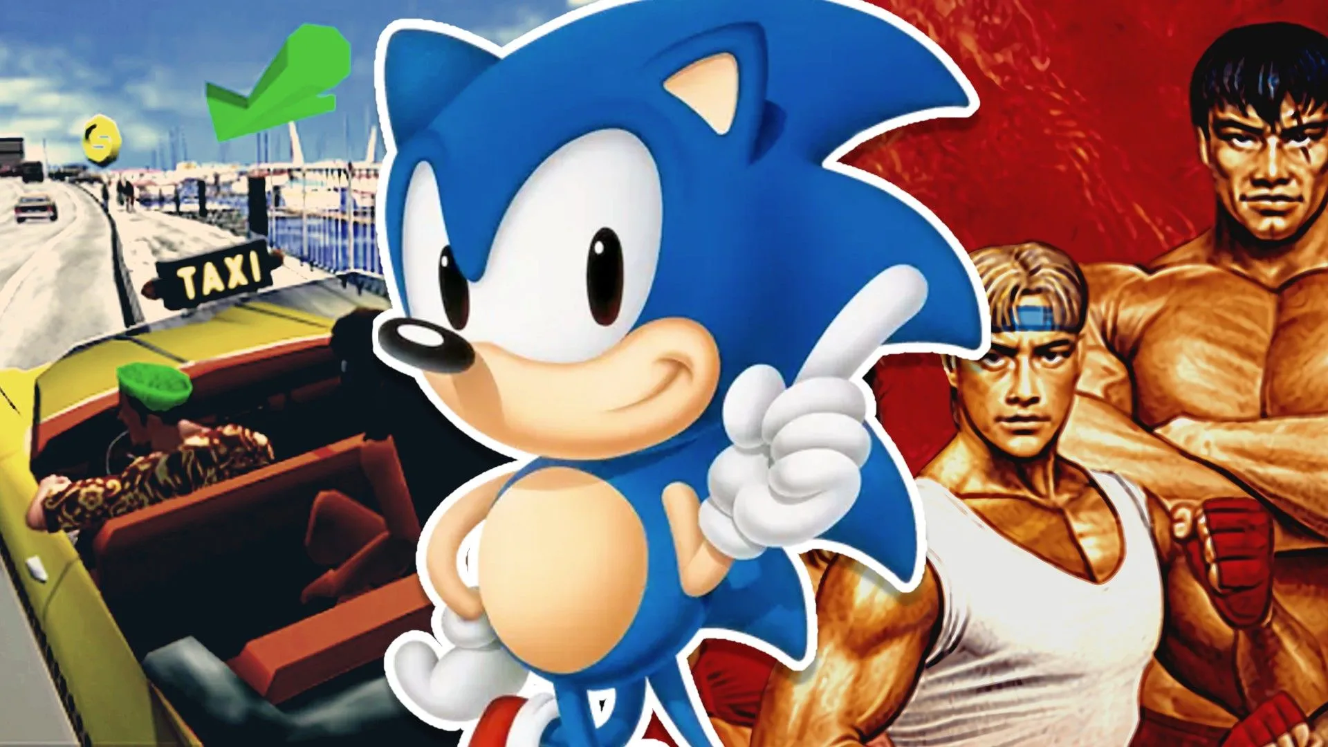 Một bức tranh tổng hợp các nhân vật game SEGA nổi tiếng: tài xế taxi từ Crazy Taxi, Sonic từ Sonic the Hedgehog, và các võ sĩ từ Streets of Rage