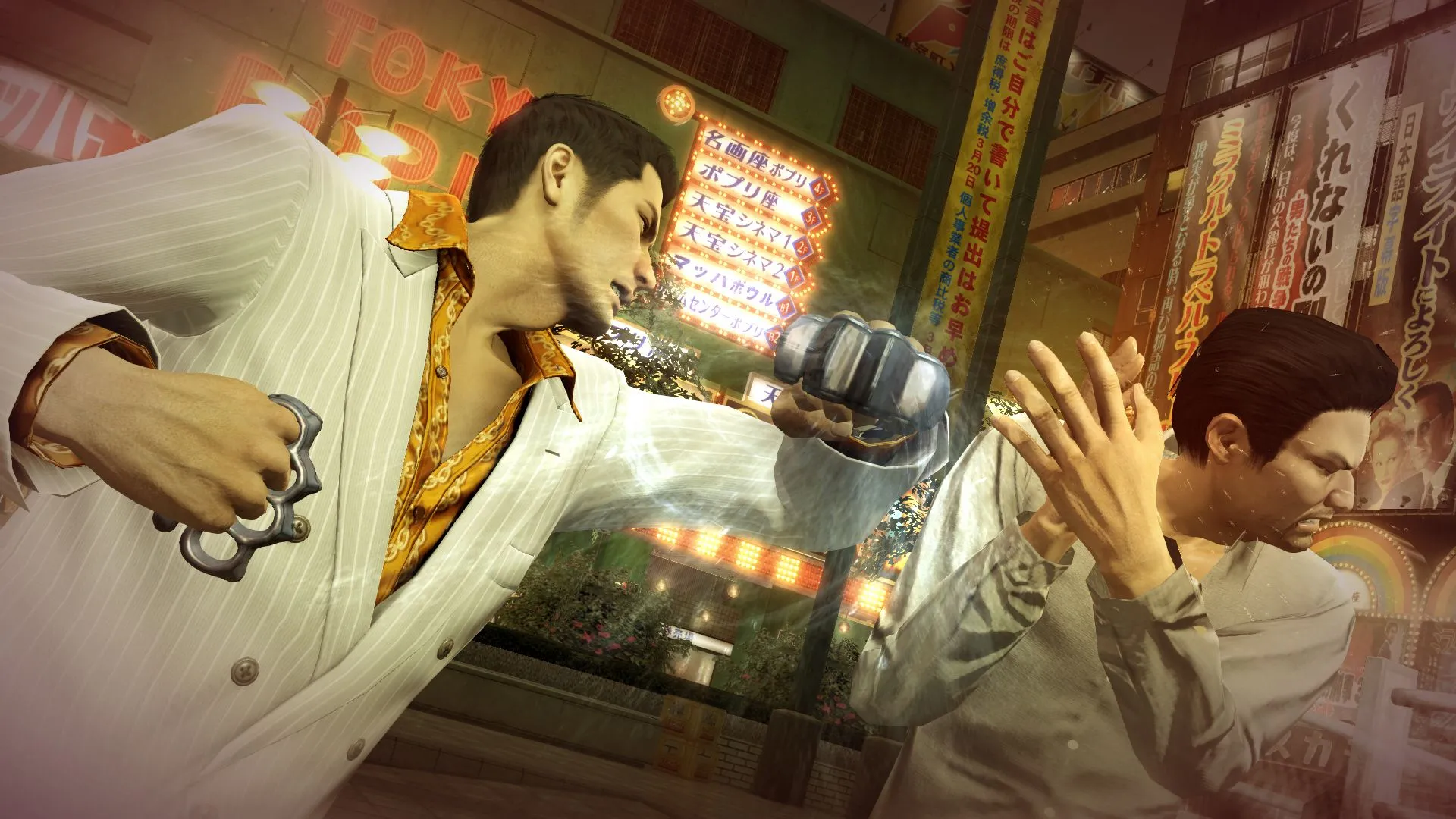 Một cảnh trong game Yakuza: một người đàn ông dùng khớp đồng đấm người khác, minh họa gameplay hành động