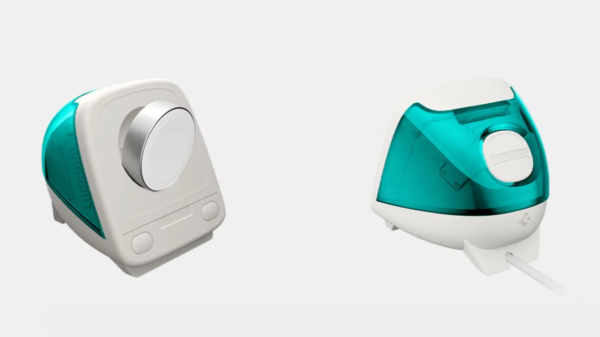 Một chân đế sạc Apple Watch màu xanh trong suốt của Spigen, được thiết kế mô phỏng iMac G3 cổ điển, đặt trên bàn làm việc