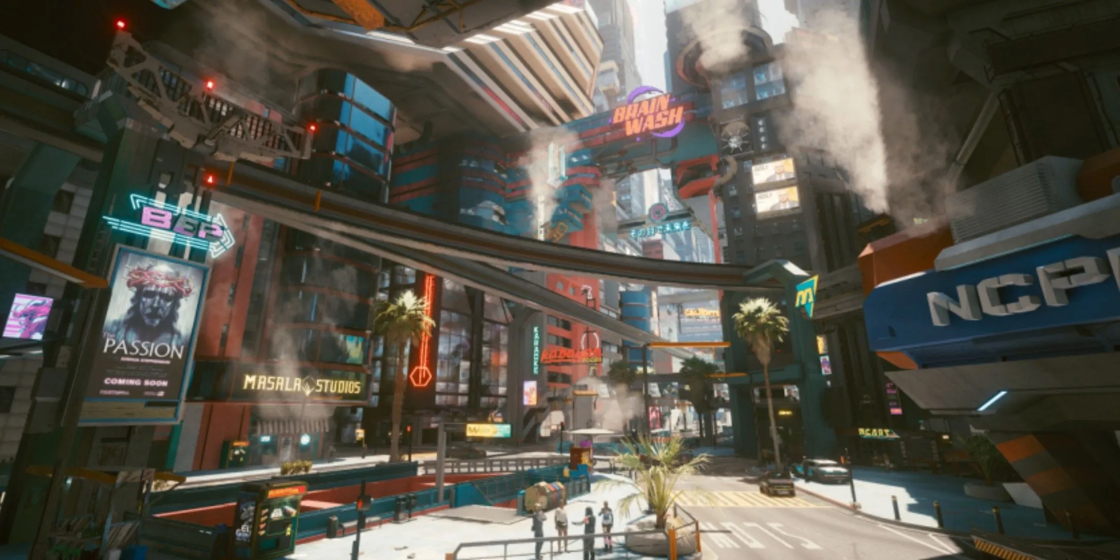 Một góc phố Night City với ánh đèn neon rực rỡ và các bảng hiệu quảng cáo trong Cyberpunk 2077.