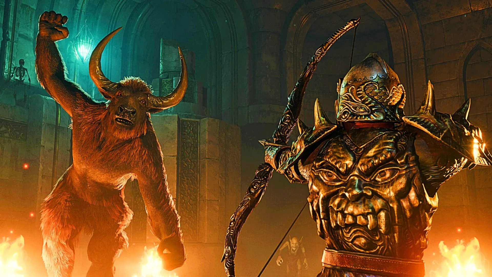 Một người chơi trong bộ giáp đầy đủ đang giương cung nhắm vào quái vật Minotaur gần đống lửa trong The Elder Scrolls IV Oblivion Remastered, minh họa lối chơi chiến đấu và môi trường game.