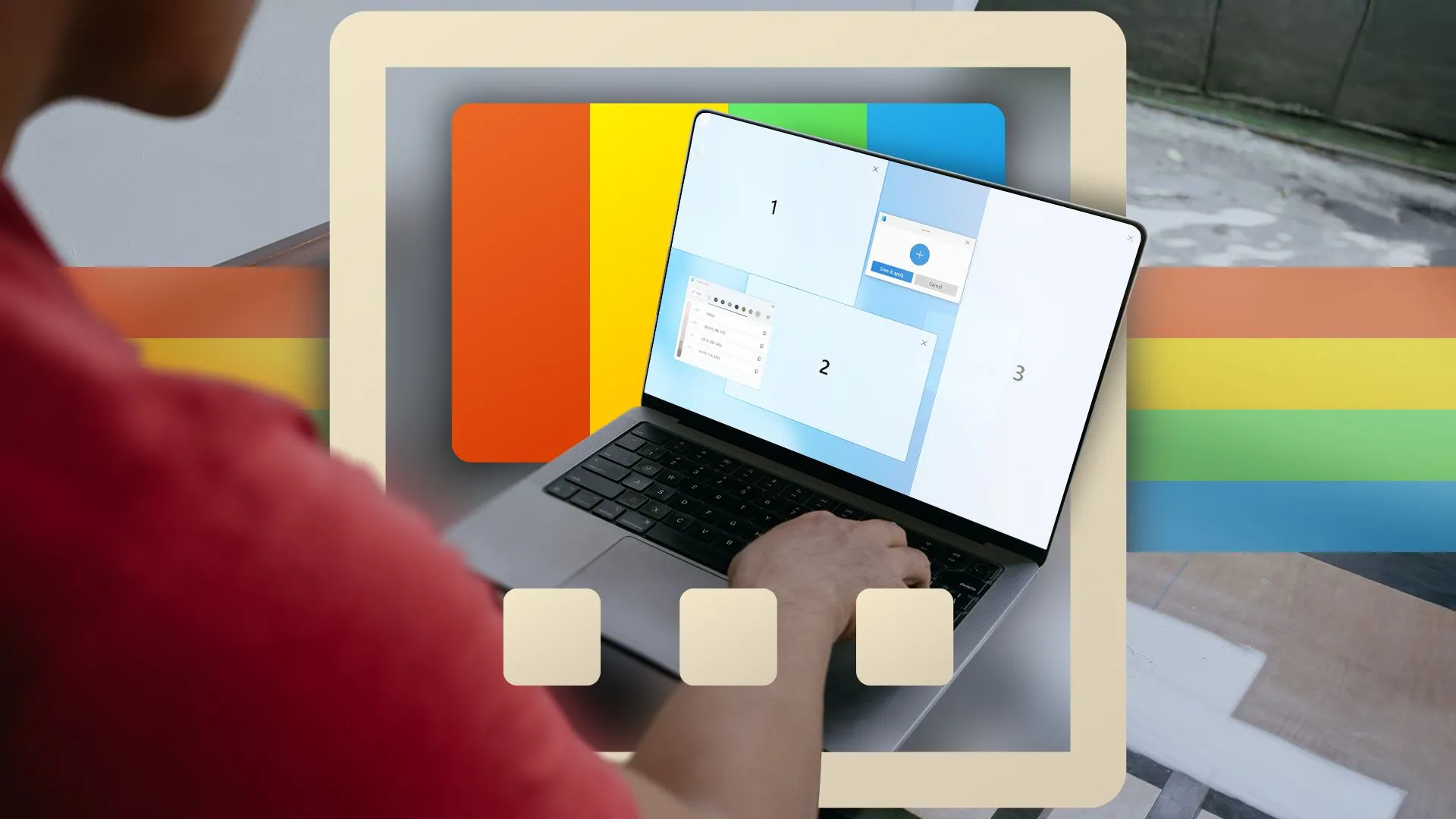 Một người đàn ông đang sử dụng laptop, màn hình hiển thị tính năng FancyZones của PowerToys và logo PowerToys ở hậu cảnh, minh họa công cụ hỗ trợ năng suất.