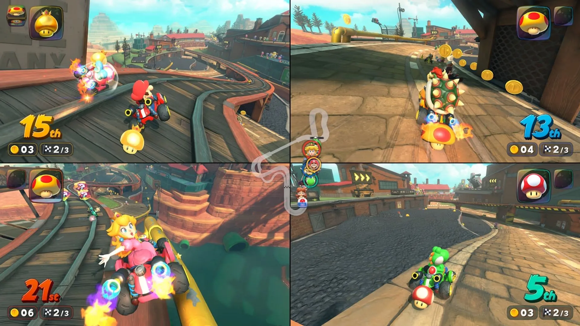 Một nhân vật đang sử dụng vật phẩm trong Mario Kart World, tạo hiệu ứng đặc biệt trên đường đua.