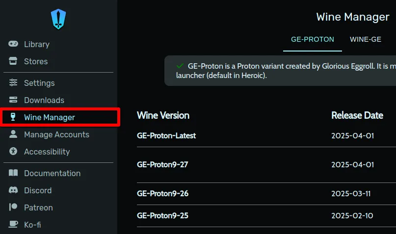 Mục 'Wine Manager' được đánh dấu trong menu điều hướng bên trái của Heroic Games Launcher.