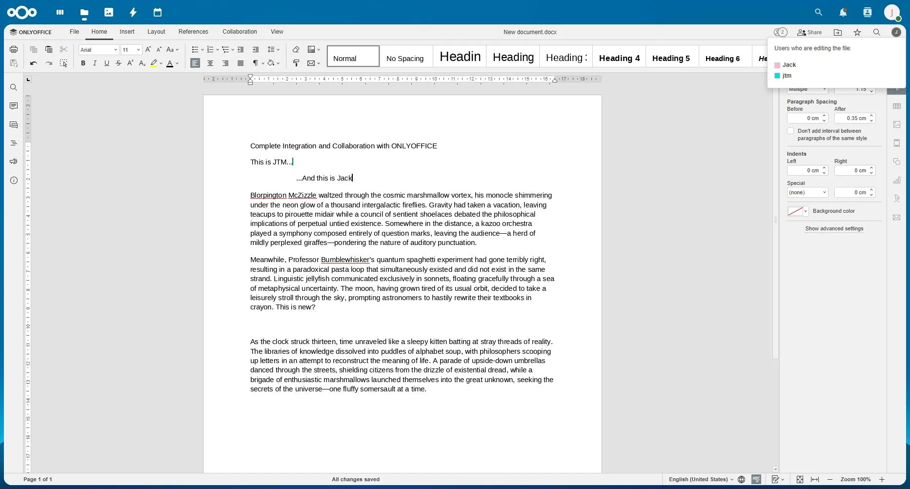 Nextcloud hiển thị tài liệu đang được chỉnh sửa và cộng tác trong ONLYOFFICE