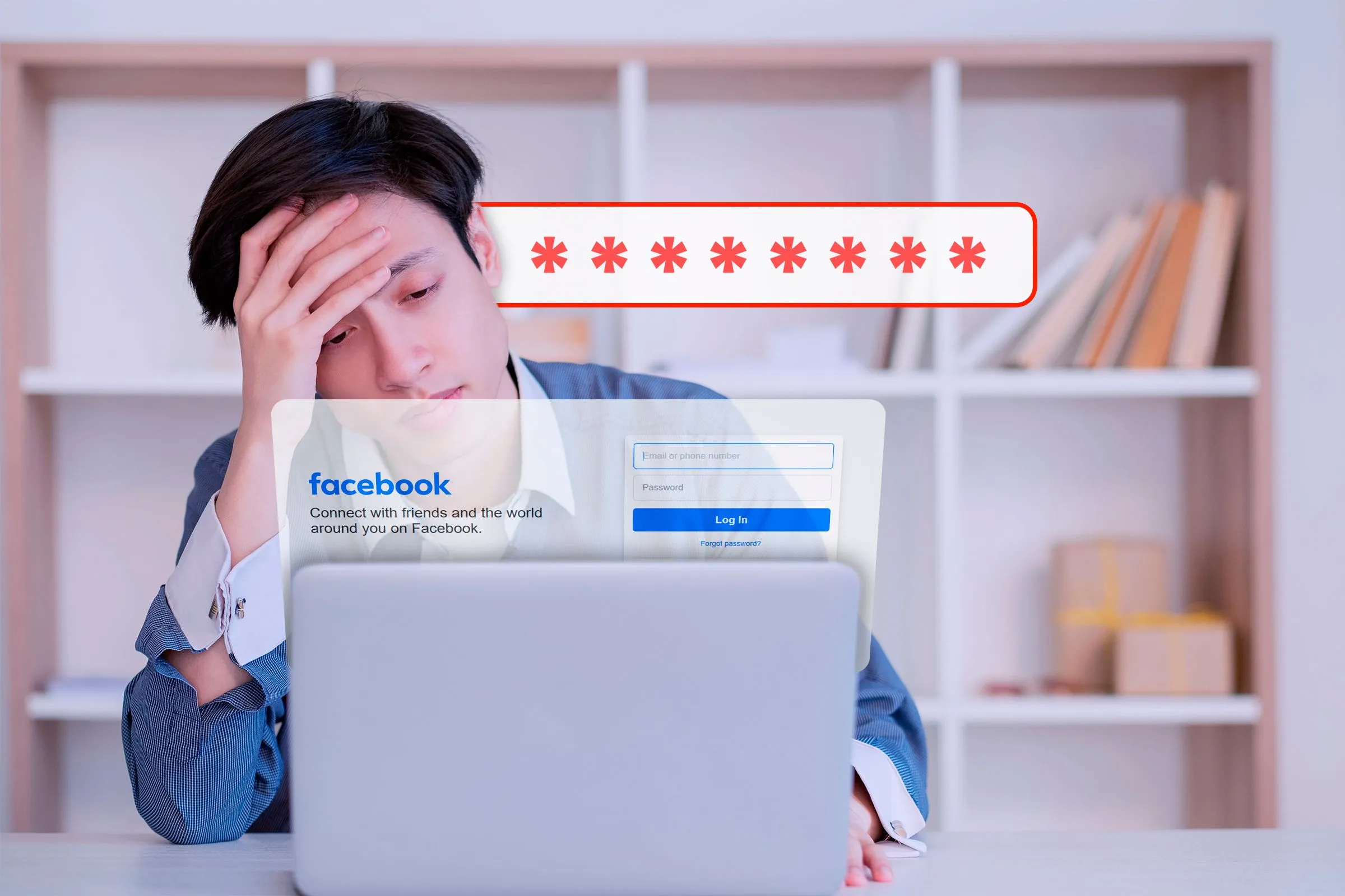 Người dùng đang đăng nhập Facebook trên laptop, làm nổi bật sự cần thiết của quản lý mật khẩu mạnh và duy nhất.