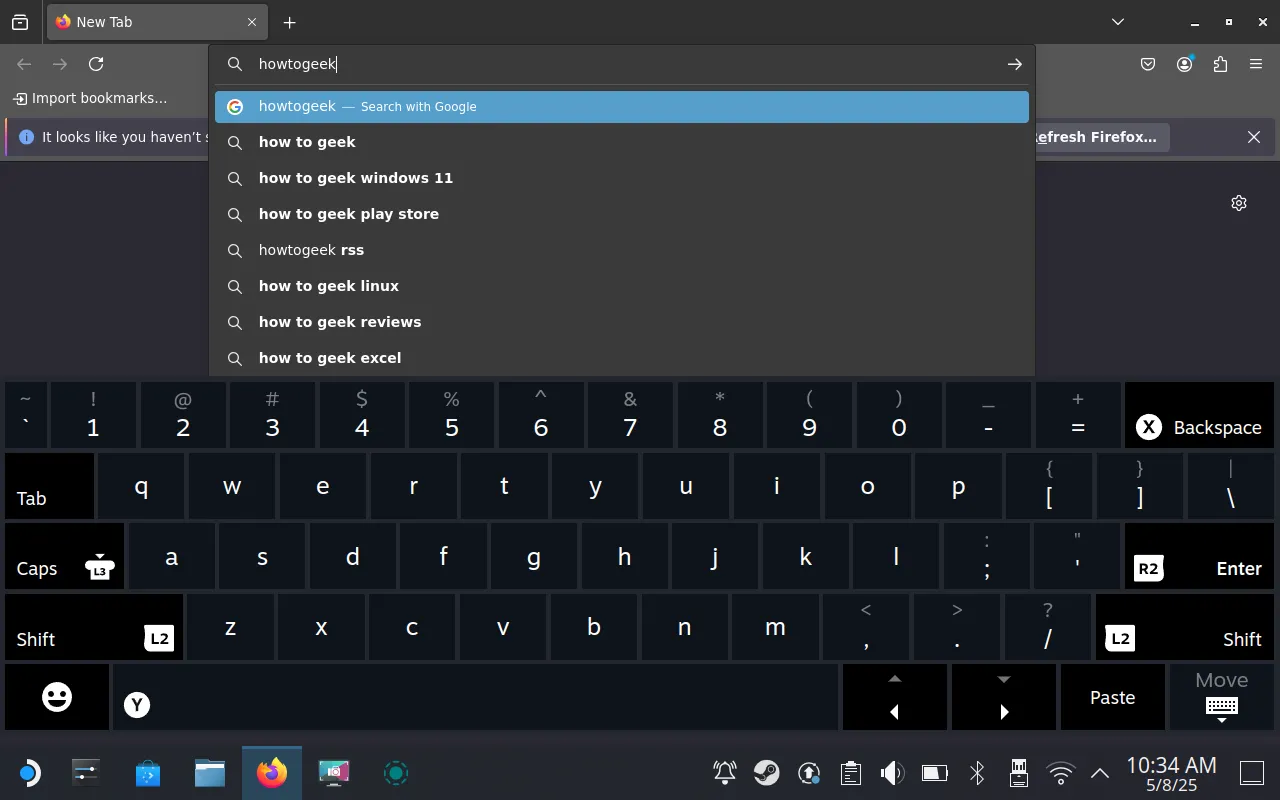 Người dùng đang sử dụng bàn phím ảo tích hợp trên Steam Deck trong Chế độ Desktop để nhập liệu, minh họa khả năng tương tác mà không cần phụ kiện ngoài.
