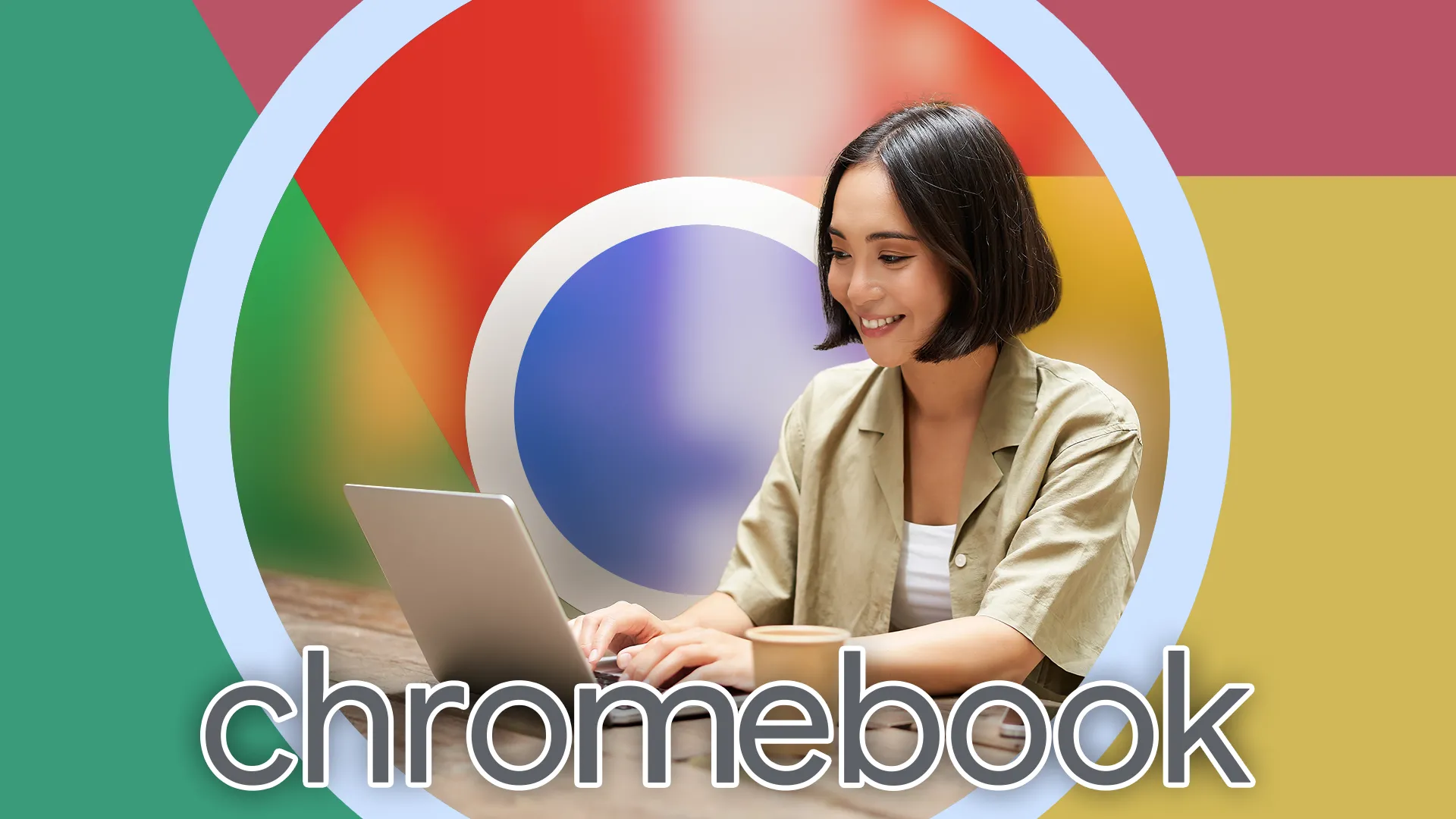 Người phụ nữ làm việc trên laptop trong quán cà phê với logo Chrome, nhấn mạnh xu hướng làm việc qua trình duyệt.