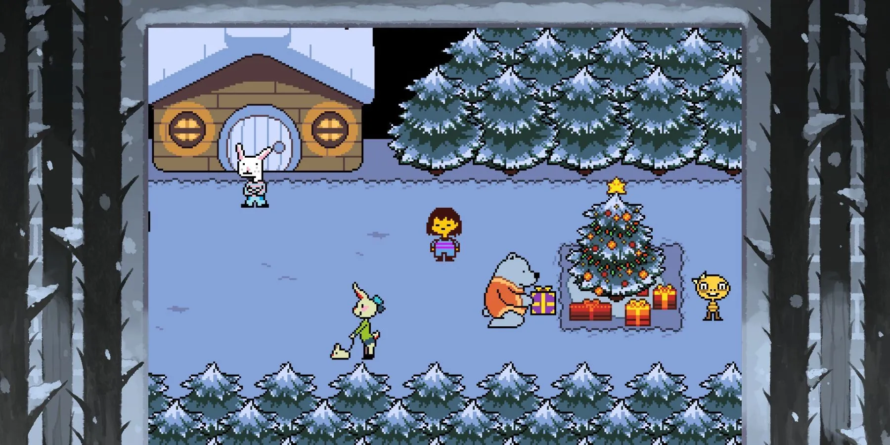 Nhân vật Frisk đối mặt với Flowey trong cảnh chiến đấu đặc trưng của Undertale.