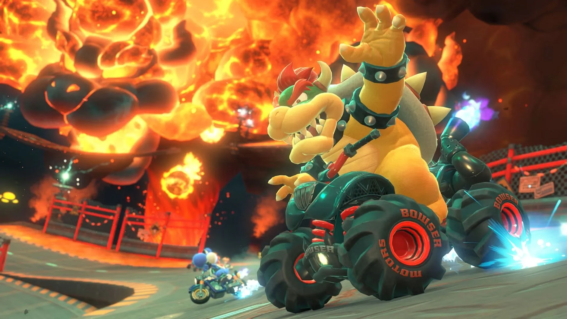 Nhân vật Mario đang đua trong Mario Kart World trên một đường đua có yếu tố không gian.