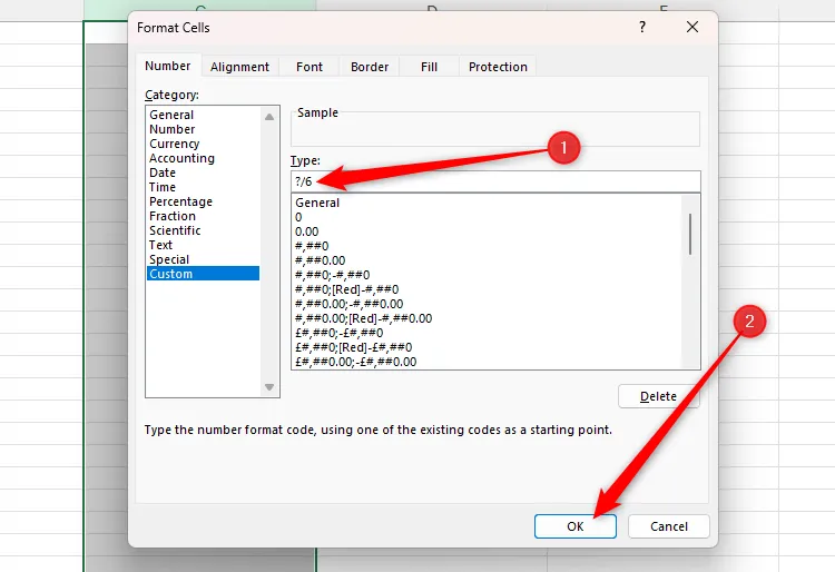 Nhập &quot;?/6&quot; vào trường Type của tùy chọn định dạng số Custom trong hộp thoại &quot;Format Cells&quot; của Excel để giữ nguyên mẫu số.
