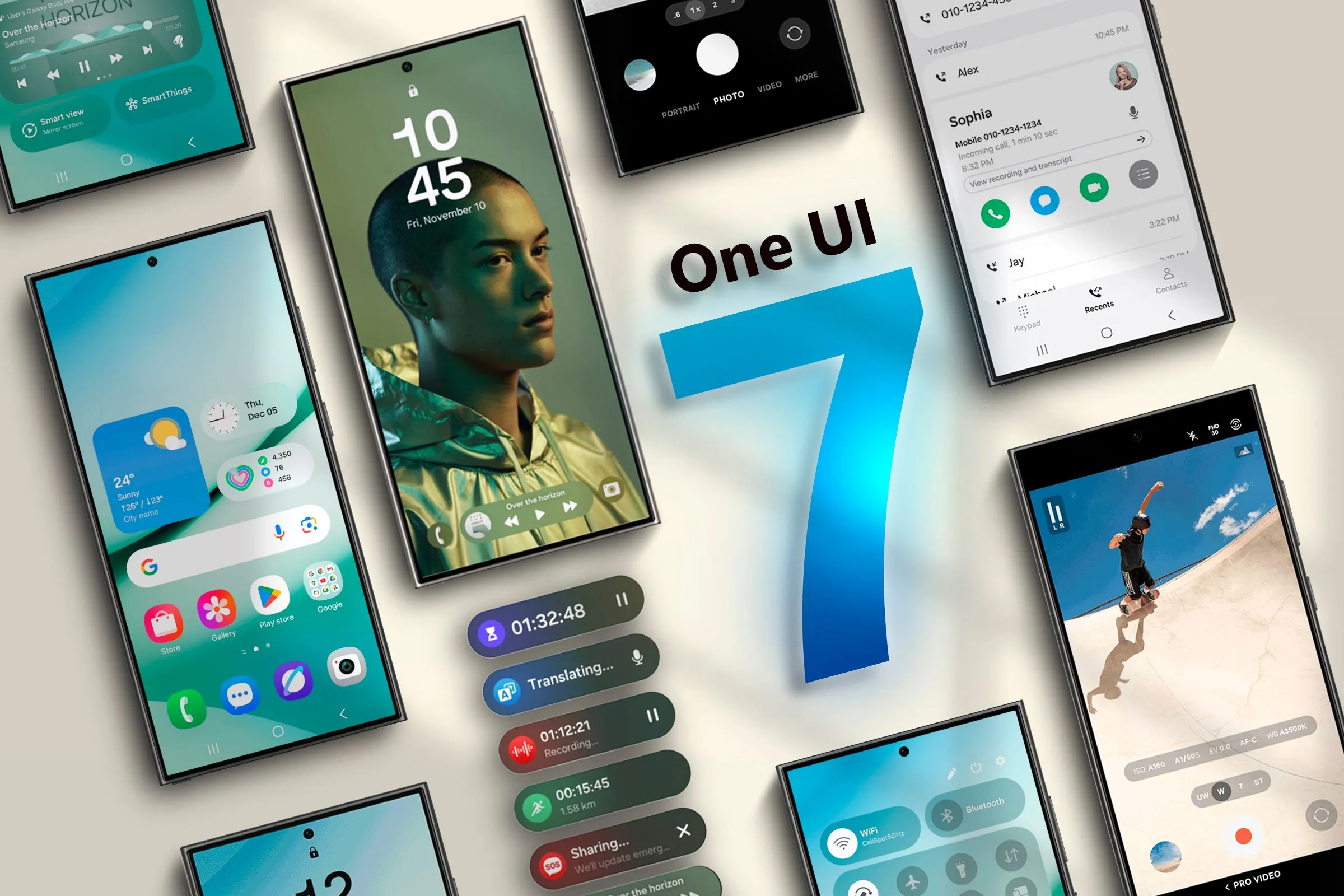 Nhiều thiết bị Galaxy S24 đặt cạnh nhau với dòng chữ &quot;One UI 7&quot; ở giữa