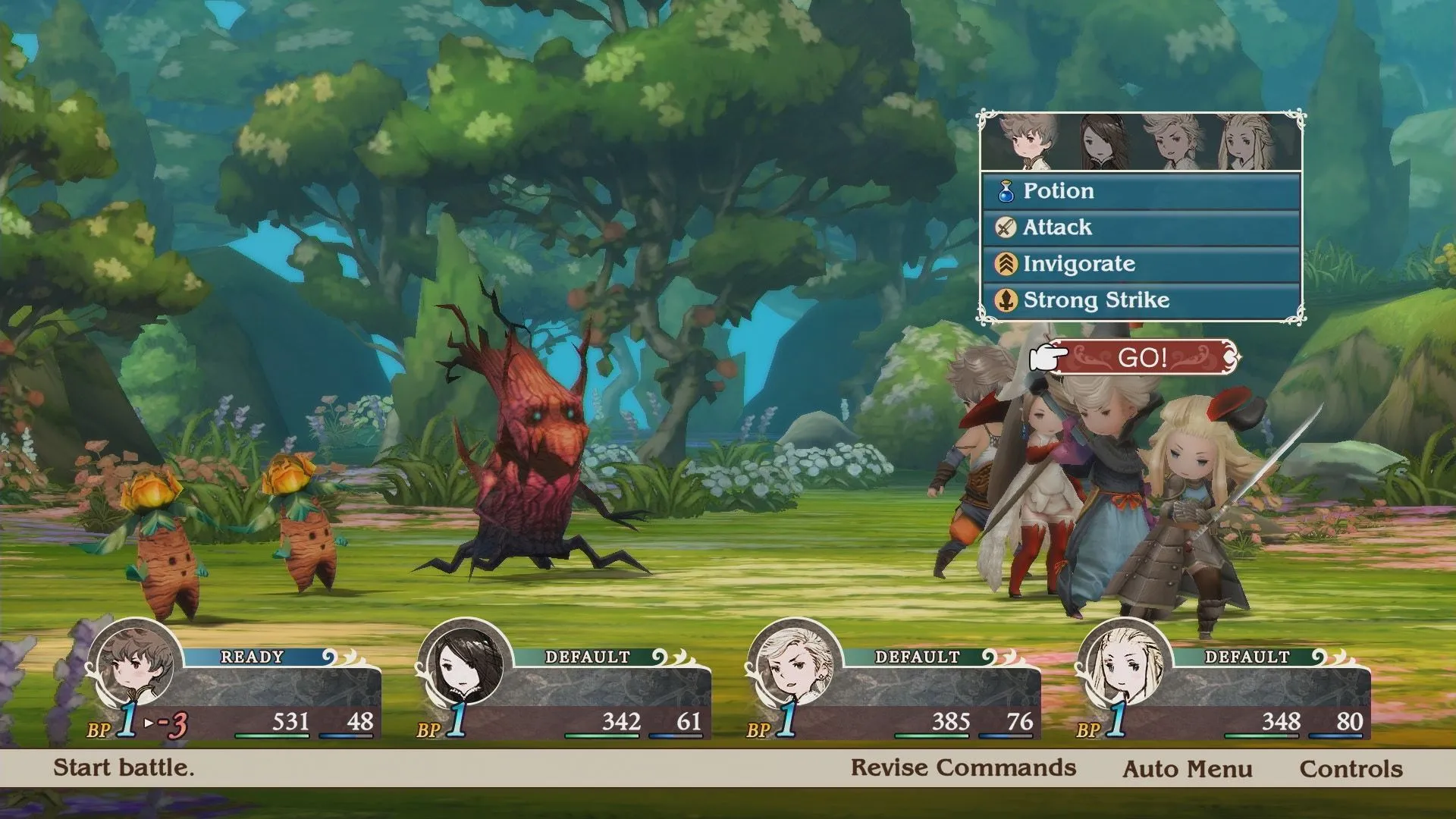 Nhóm anh hùng trong Bravely Default với đồ họa 3D đẹp mắt, sẵn sàng chiến đấu.