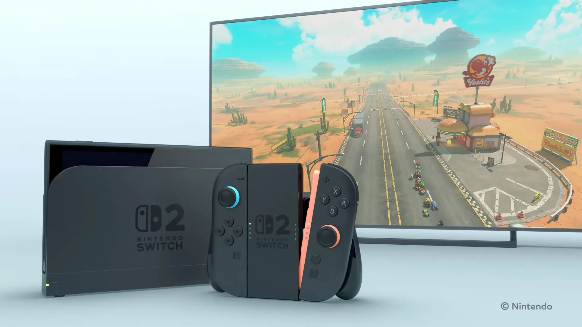 Nintendo Switch 2 trong dock, Joy-Con mới và hình ảnh Mario Kart 9 trên TV