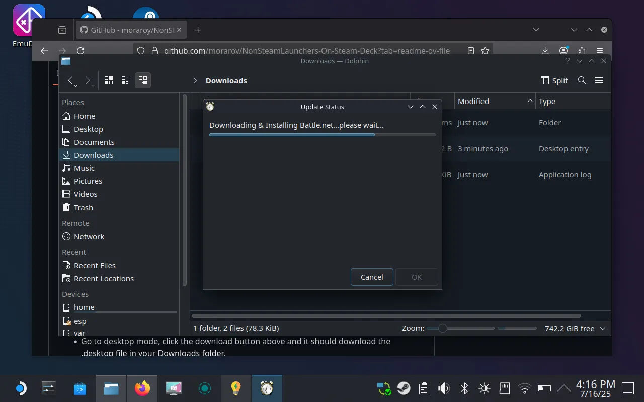 NonSteamLauncher đang tải xuống và cài đặt Battle.net trên Steam Deck.
