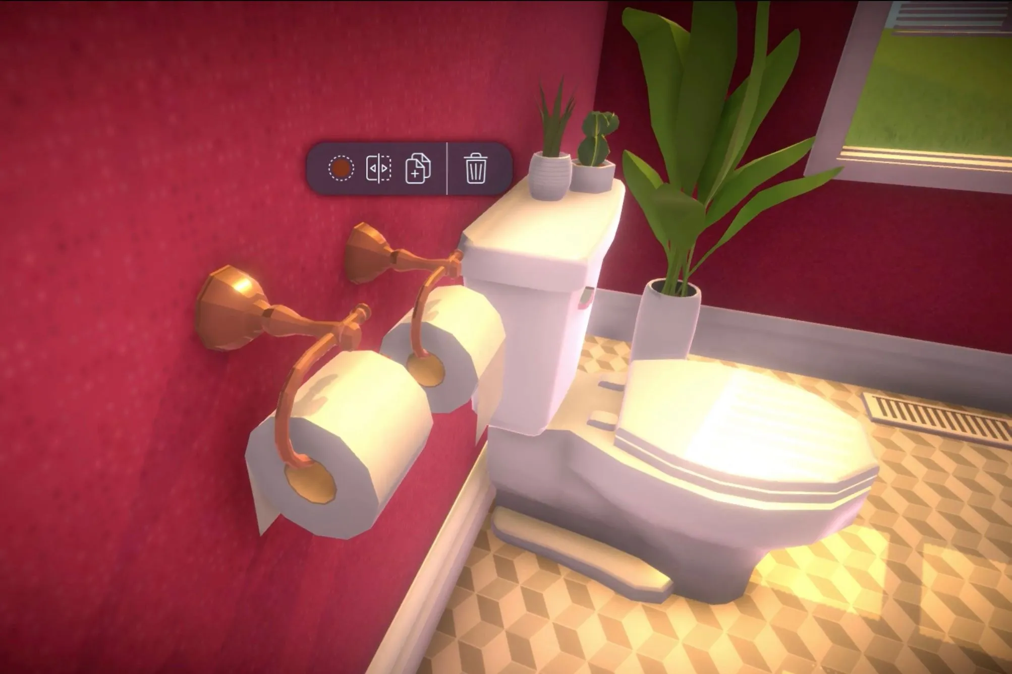 [Paralives] Minh họa tùy chỉnh vị trí cuộn giấy vệ sinh trong game Paralives, cho thấy khả năng tùy biến chi tiết vật thể.