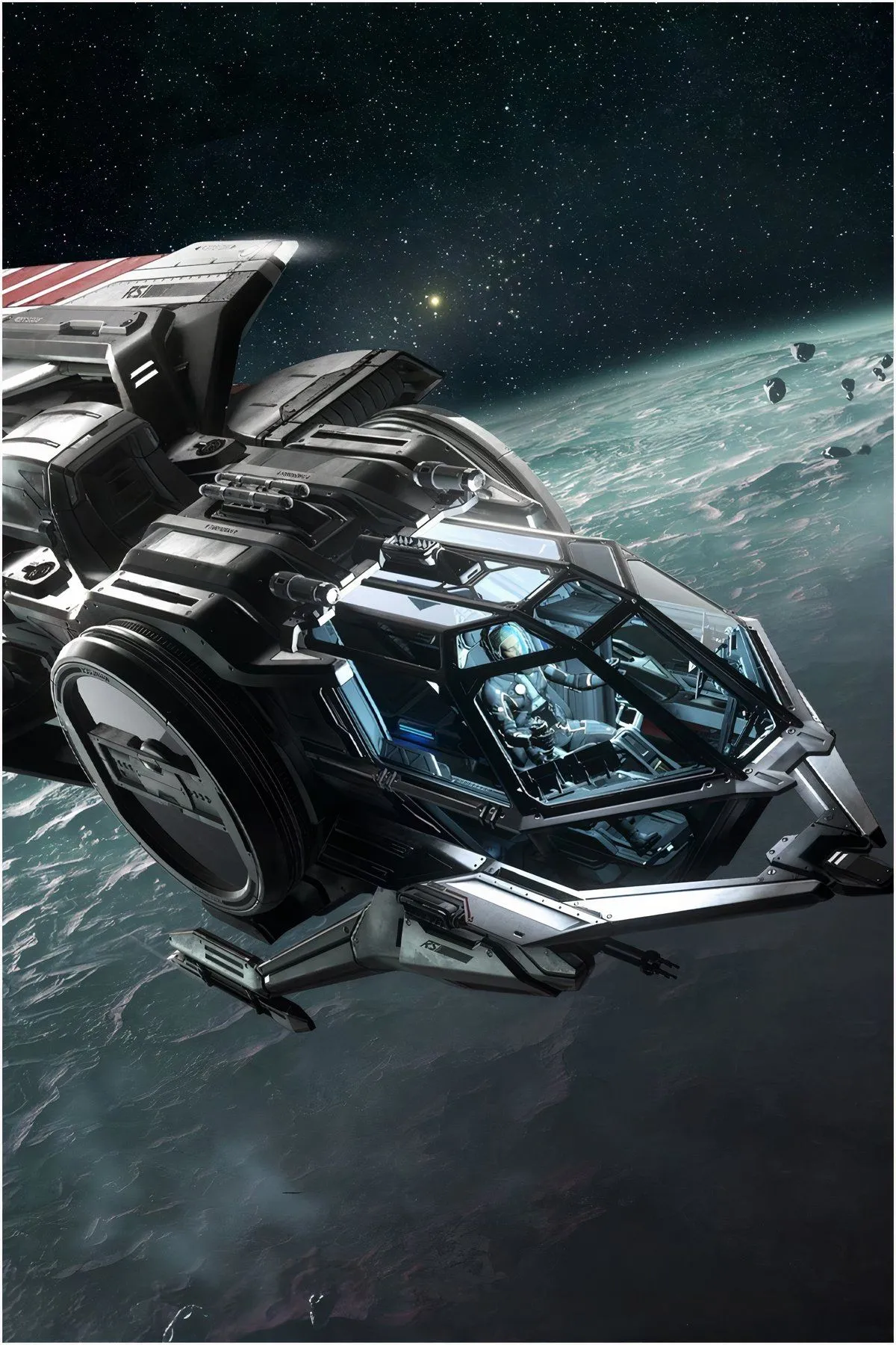 Phi thuyền chiến đấu bay qua không gian trong tựa game mô phỏng vũ trụ Star Citizen, thể hiện đồ họa chi tiết và quy mô lớn