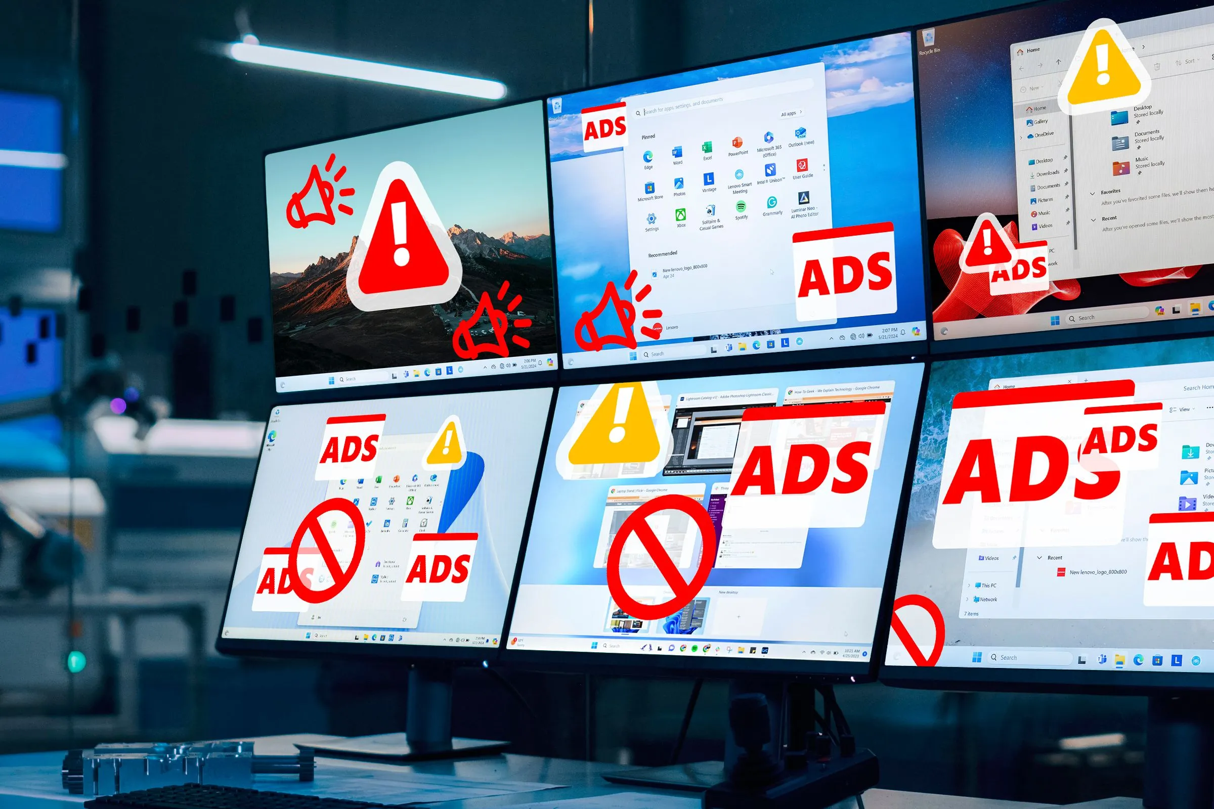 Phòng điều khiển hiển thị nhiều màn hình Windows 11 chứa quảng cáo gây phiền nhiễu, cho thấy vấn đề bloatware của Windows.