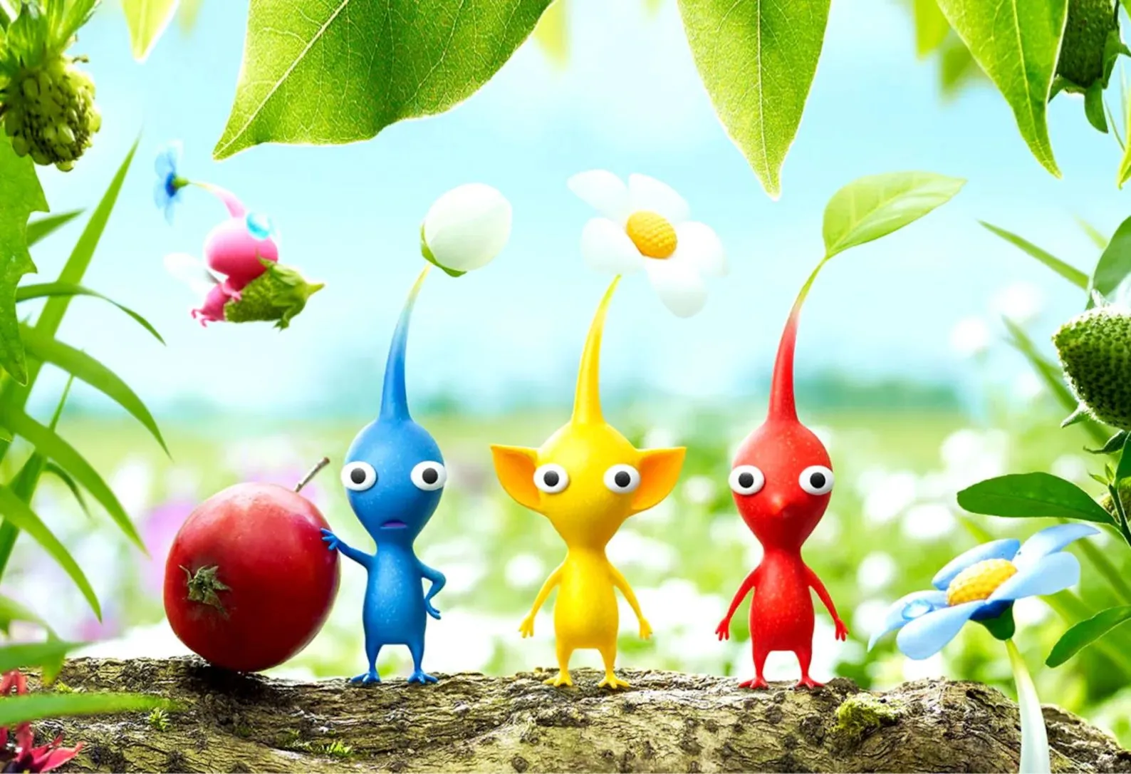 Pikmin đứng trên cành cây, thể hiện vẻ đáng yêu và khả năng tương tác môi trường