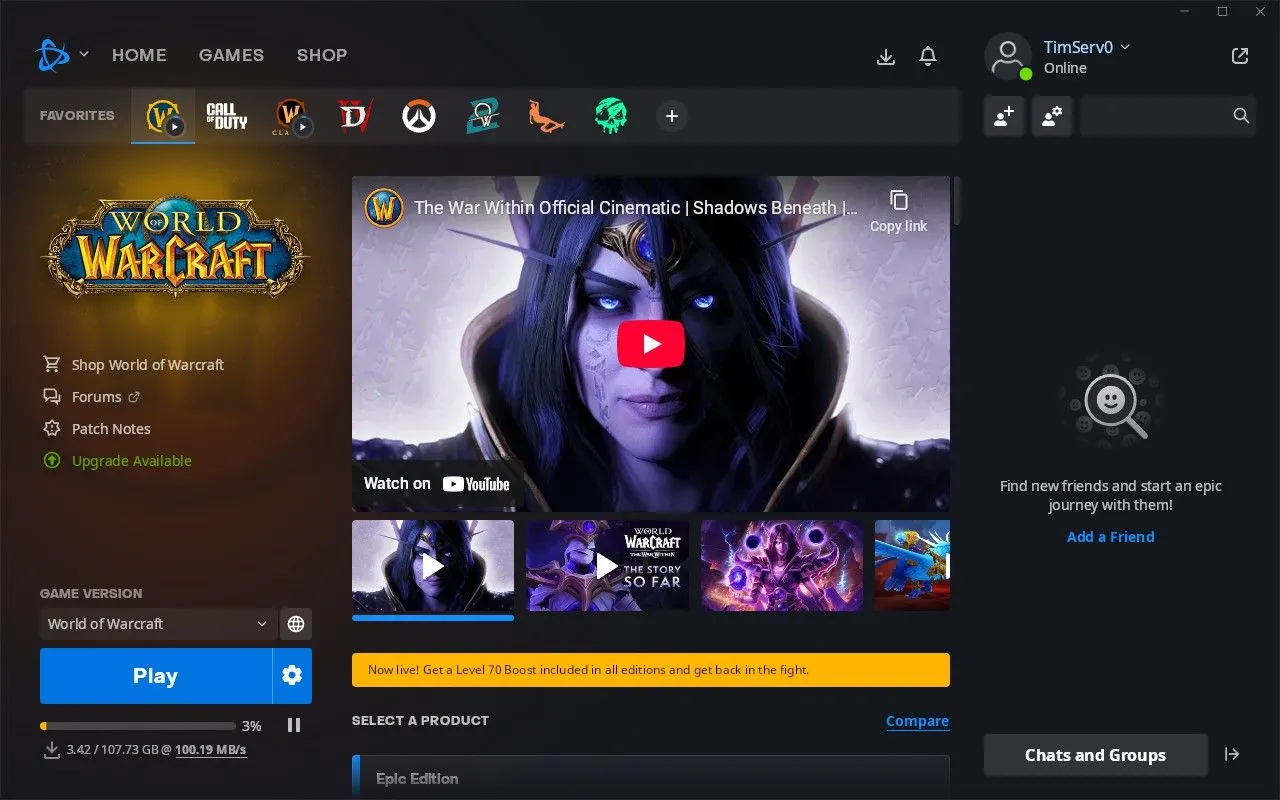 Quá trình tải xuống game World of Warcraft đang diễn ra trên Steam Deck, hiển thị tiến độ.