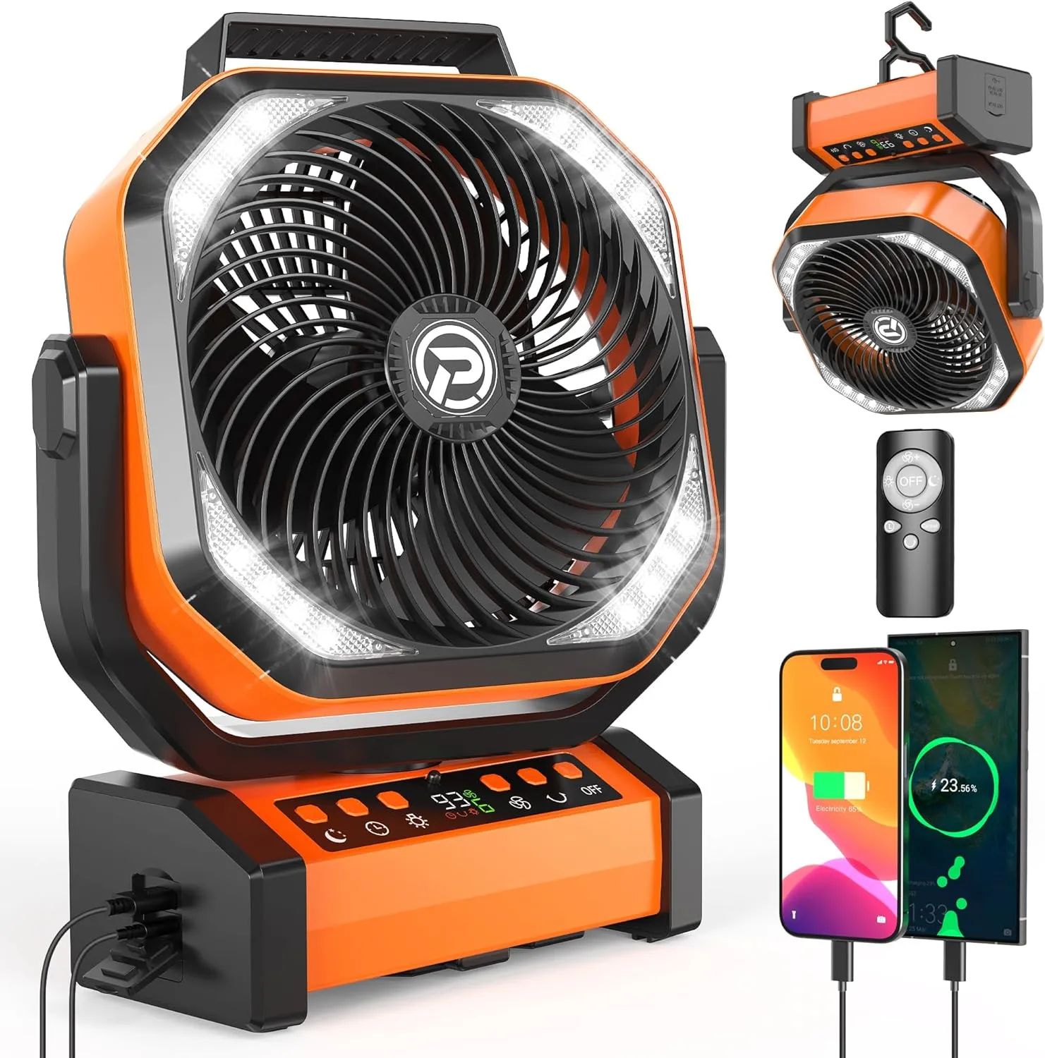 Quạt tích điện cắm trại Cmyfato với đèn LED tích hợp và khả năng xoay, thiết kế nhỏ gọn tiện lợi khi mất điện.