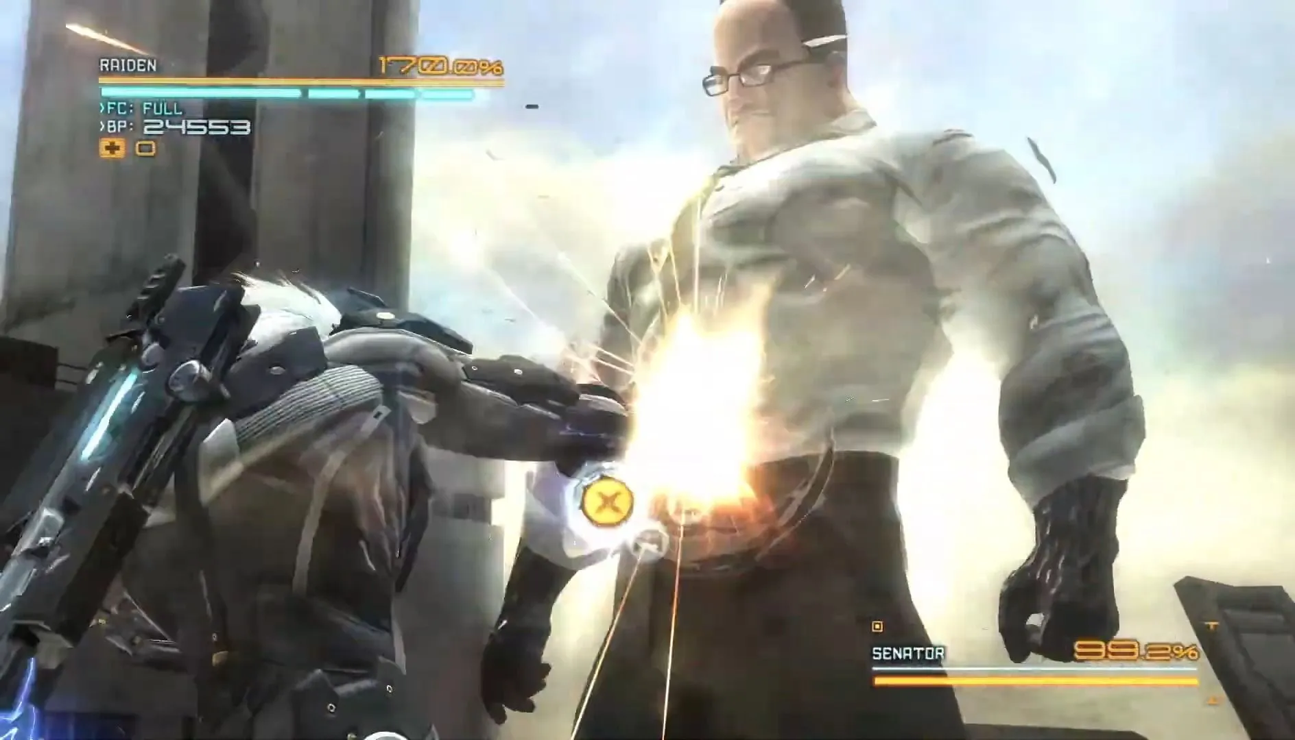 Raiden tung đòn vào Armstrong trong trận đấu đỉnh điểm của Metal Gear Rising: Revengeance, biểu tượng cho sự phi lý nhưng đầy kịch tính của game.