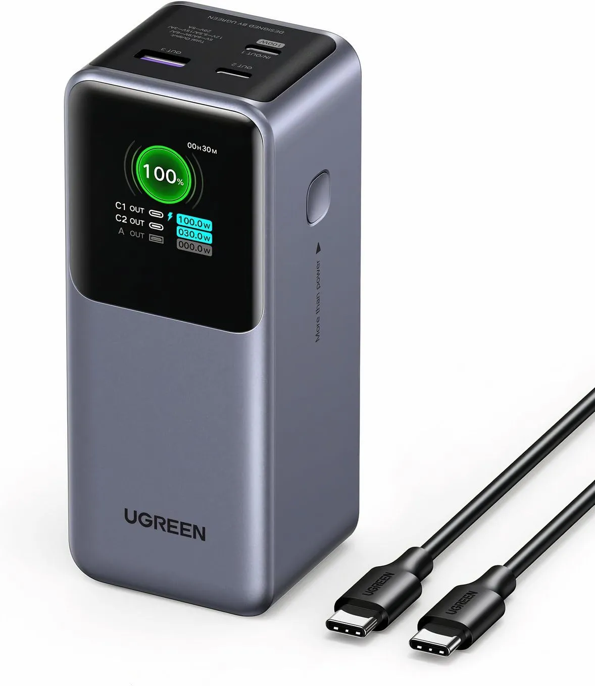 Sạc dự phòng Ugreen Nexode Power Bank 20000mAh màu xám bạc với các cổng sạc USB-C và USB-A, dung lượng lớn.
