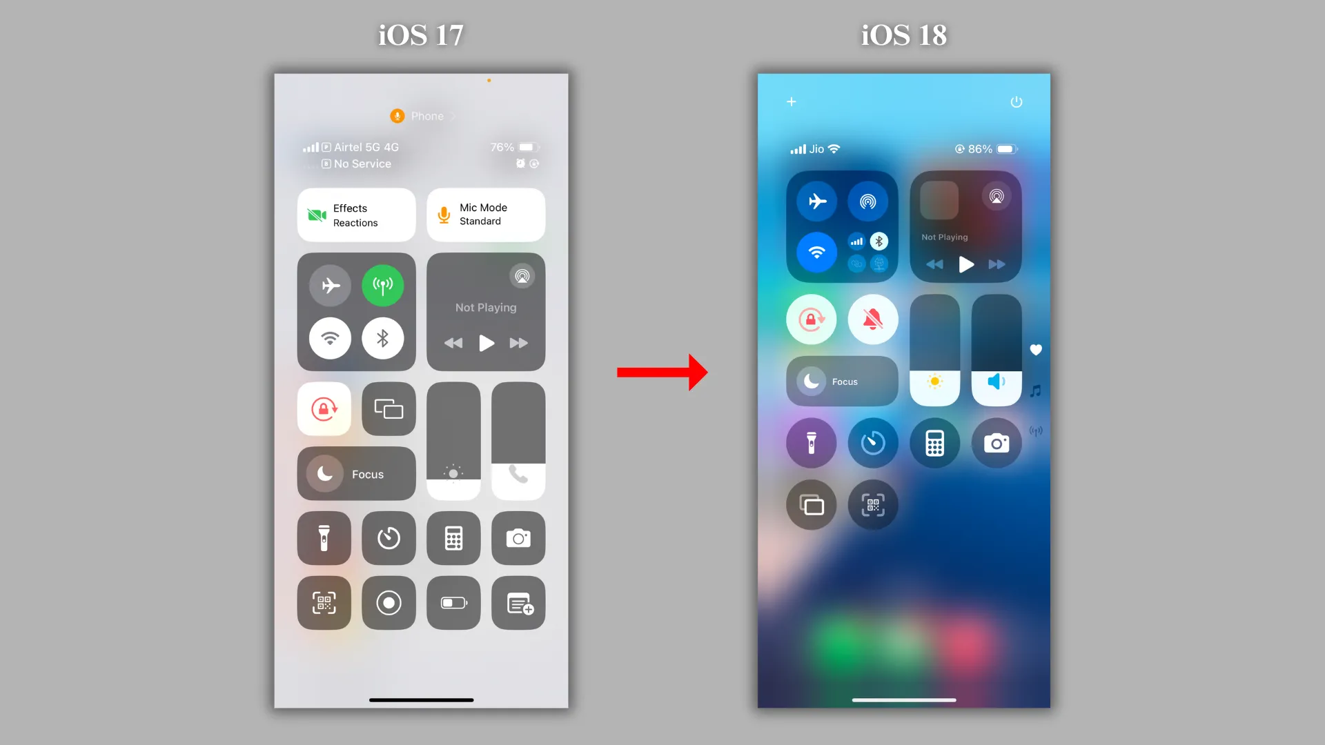 So sánh bố cục Control Center iOS 17 và iOS 18