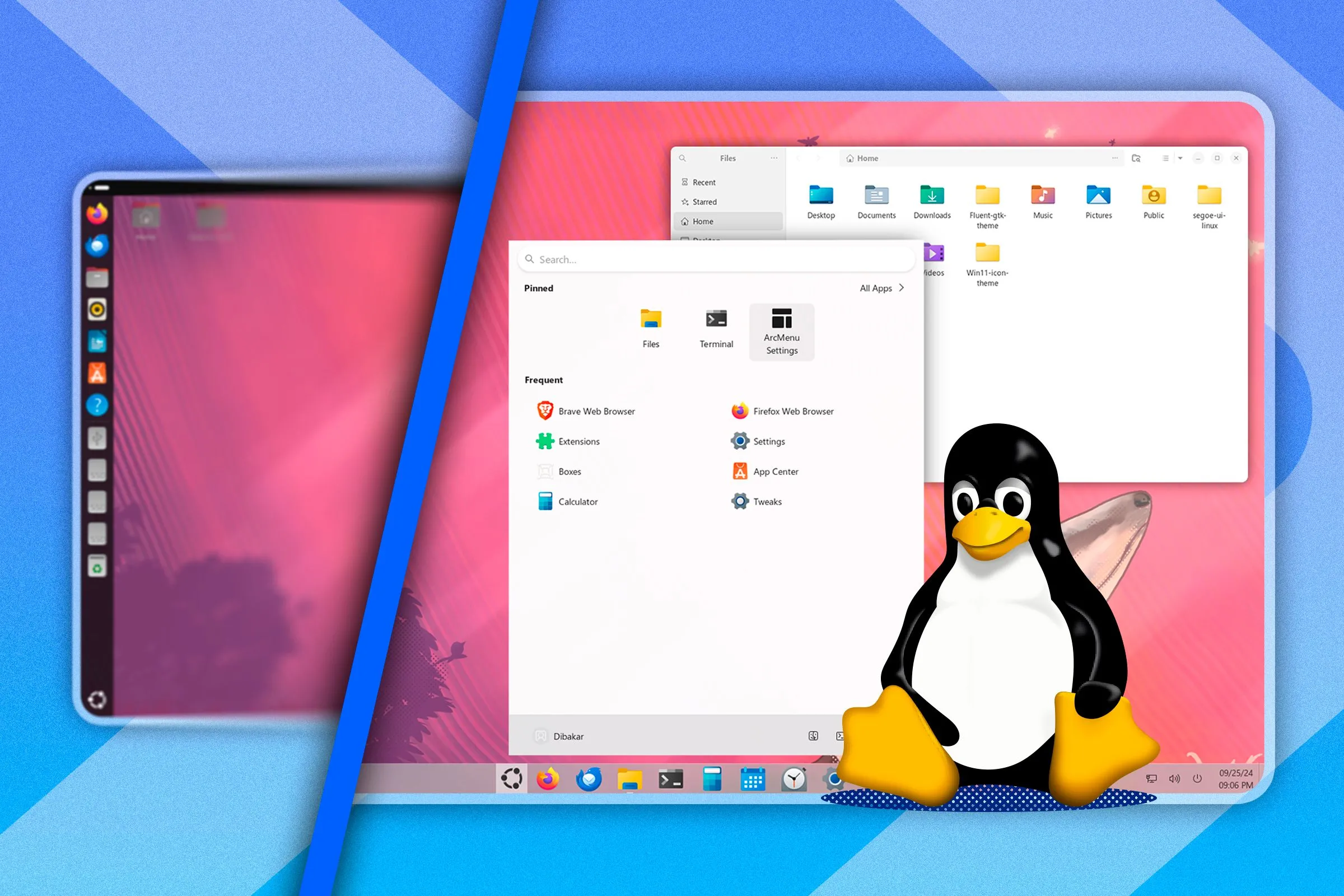 So sánh giao diện Ubuntu tiêu chuẩn (trái) và Ubuntu được tùy biến để giống Windows (phải), bên cạnh là linh vật Tux của Linux.