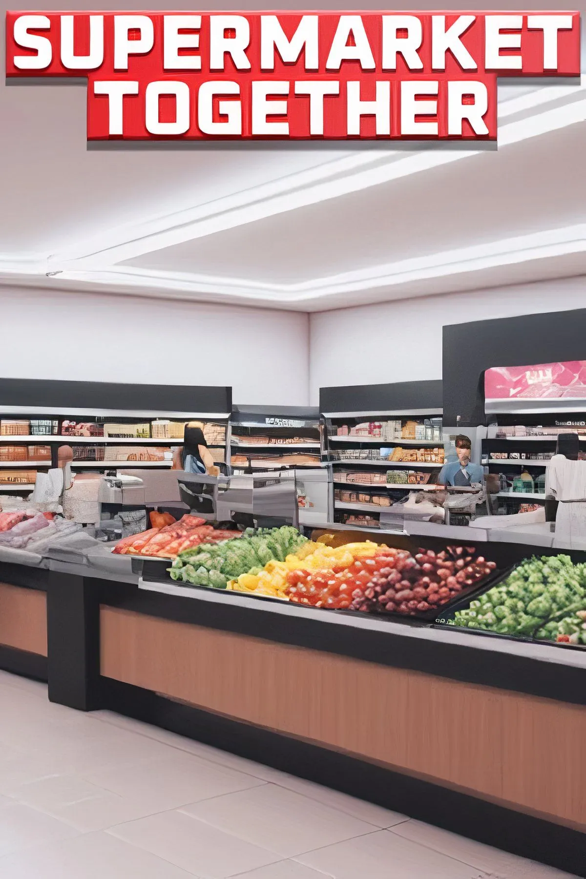 Supermarket Together với hình ảnh một siêu thị hoạt động nhộn nhịp, minh họa gameplay quản lý cửa hàng và tương tác với khách hàng, nhân viên.